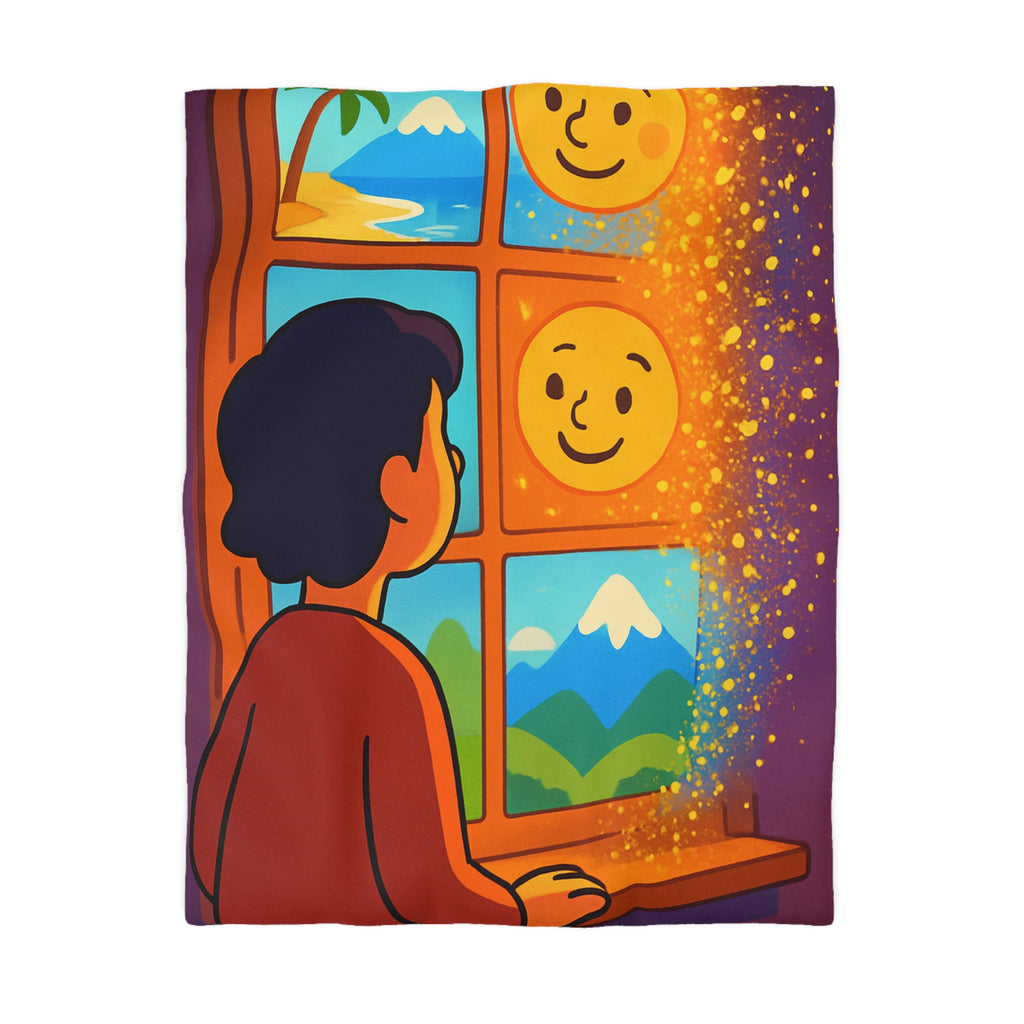 Housse de couette soleil souriant fenêtre enfant paysage tropical joyeux spectacle magique