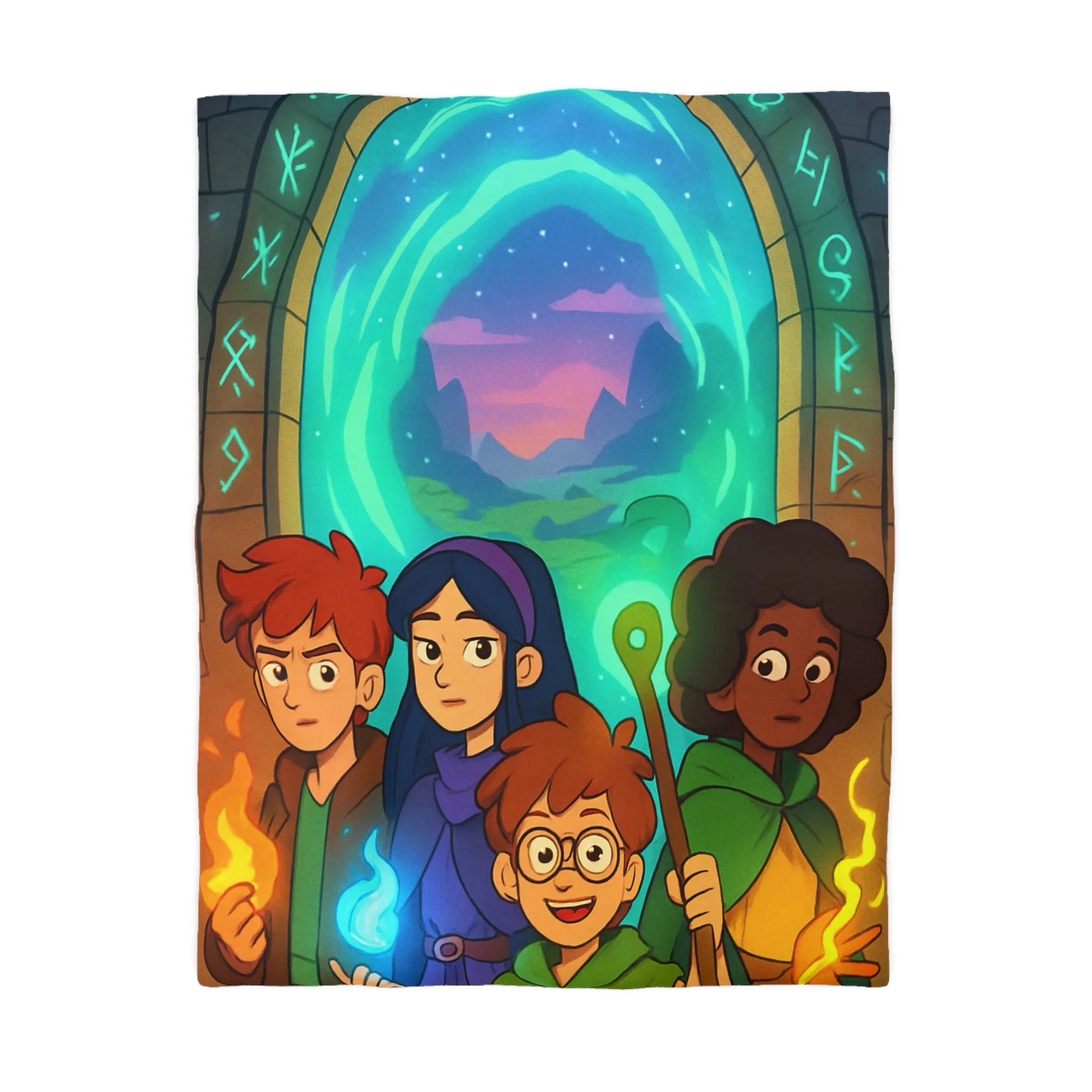 Housse de couette magique avec aventuriers devant portail et runes lumineuses