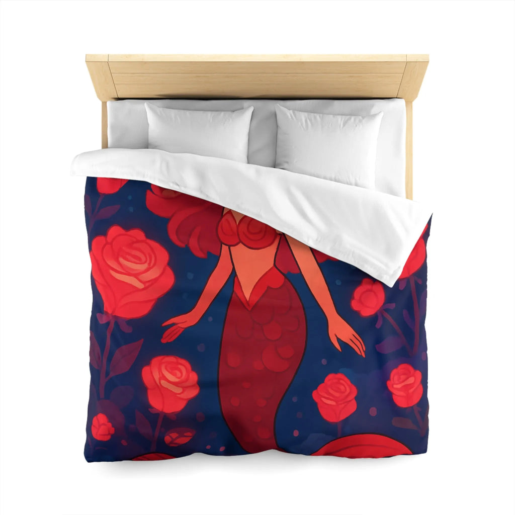 Enchantante scène de sirène rouge entourée de roses lumineuses et poissons fascinants