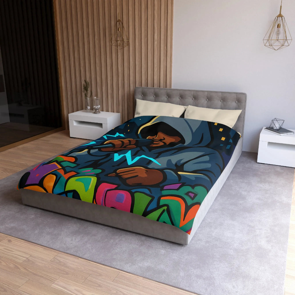 Housse de couette avec artiste hip-hop en hoodie et graffitis colorés de rue