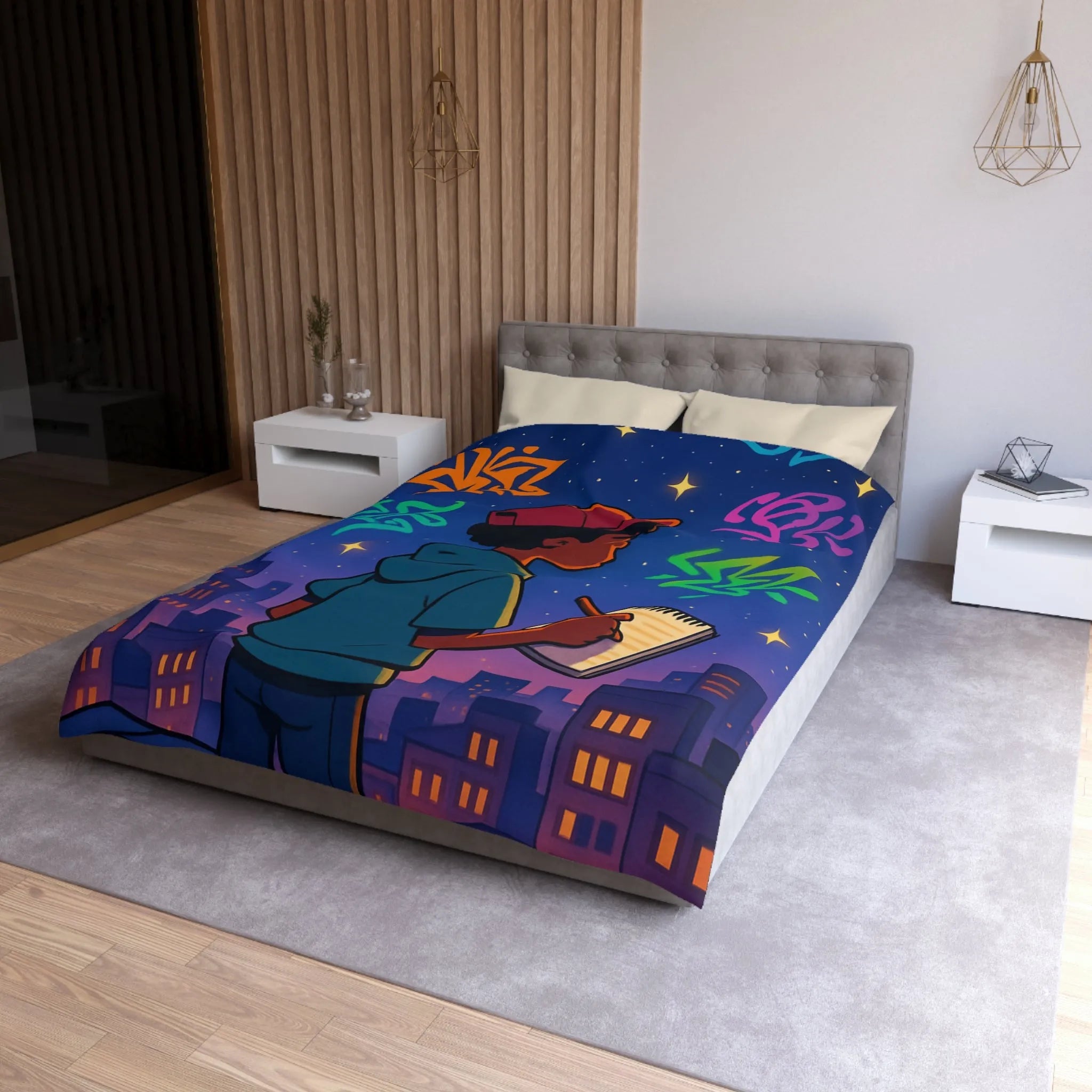 Housse de couette avec jeune artiste dessinant sous un ciel étoilé urbain coloré