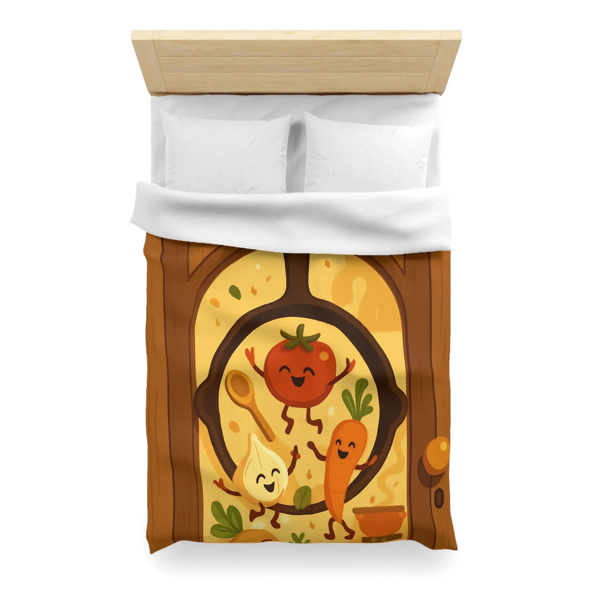 Housse de couette joyeuse avec légumes dans une poêle ambiance cuisine chaleureuse