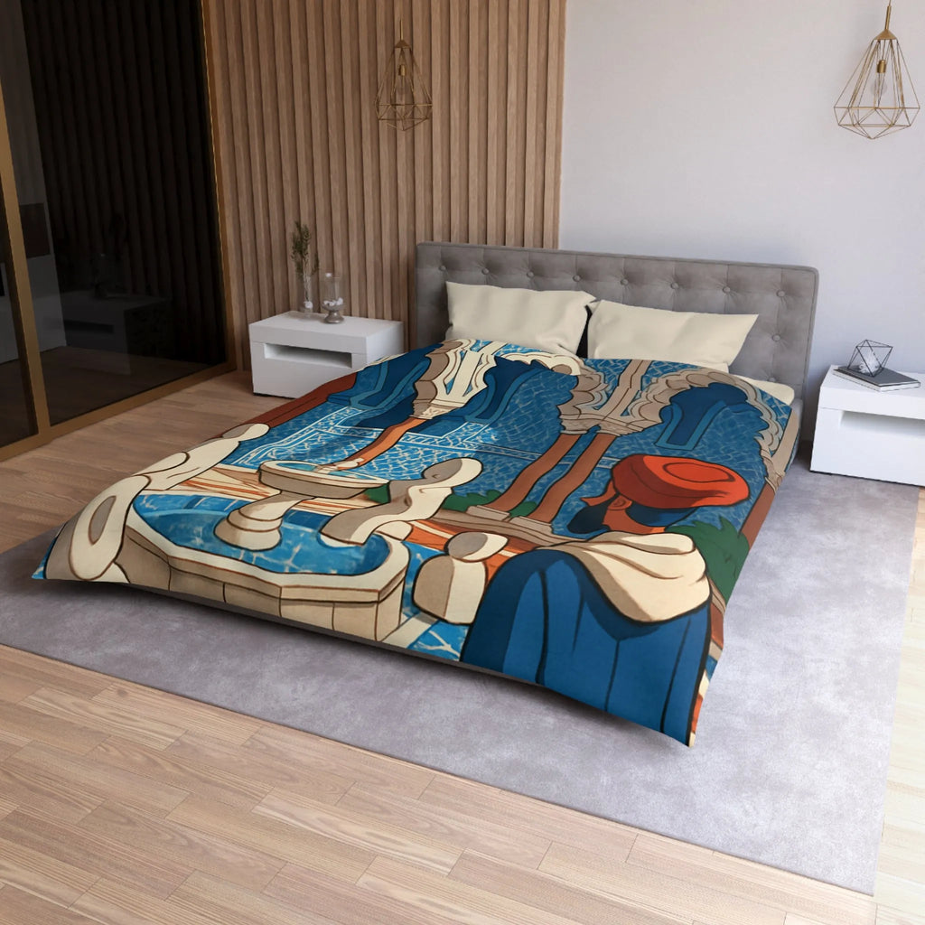 Housse de couette avec design marocain bleu, arches andalouses, fontaine et personnage paisible