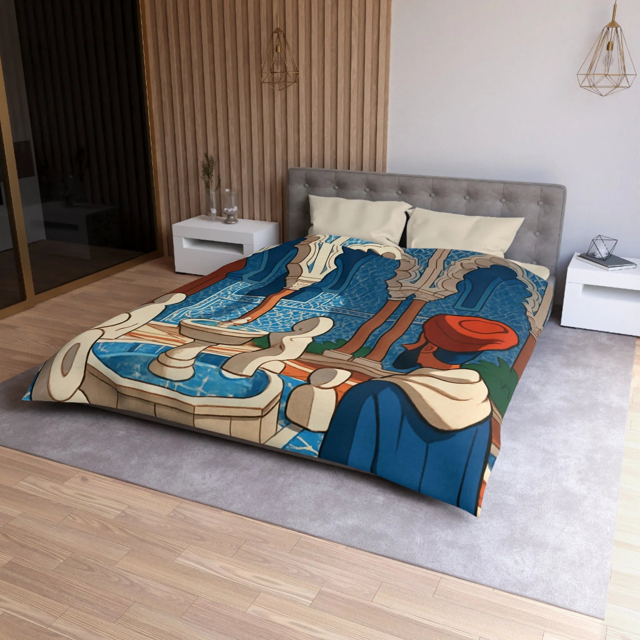 Housse de couette avec design marocain bleu, arches andalouses, fontaine et personnage paisible