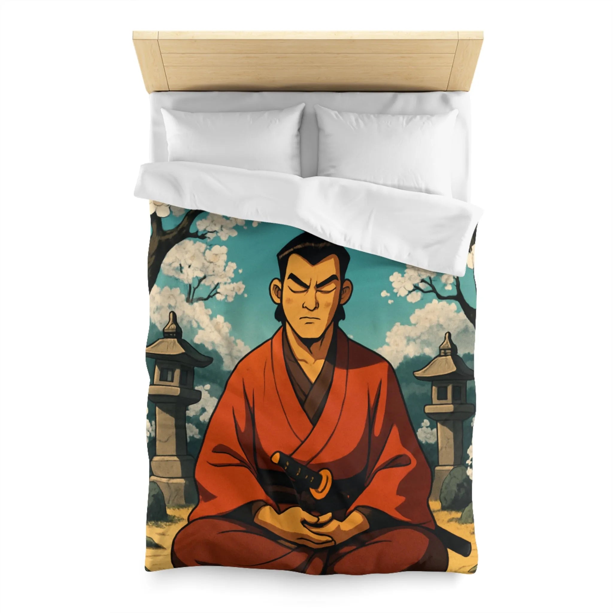Housse de couette avec design de méditation sereine sous cerisiers en fleurs