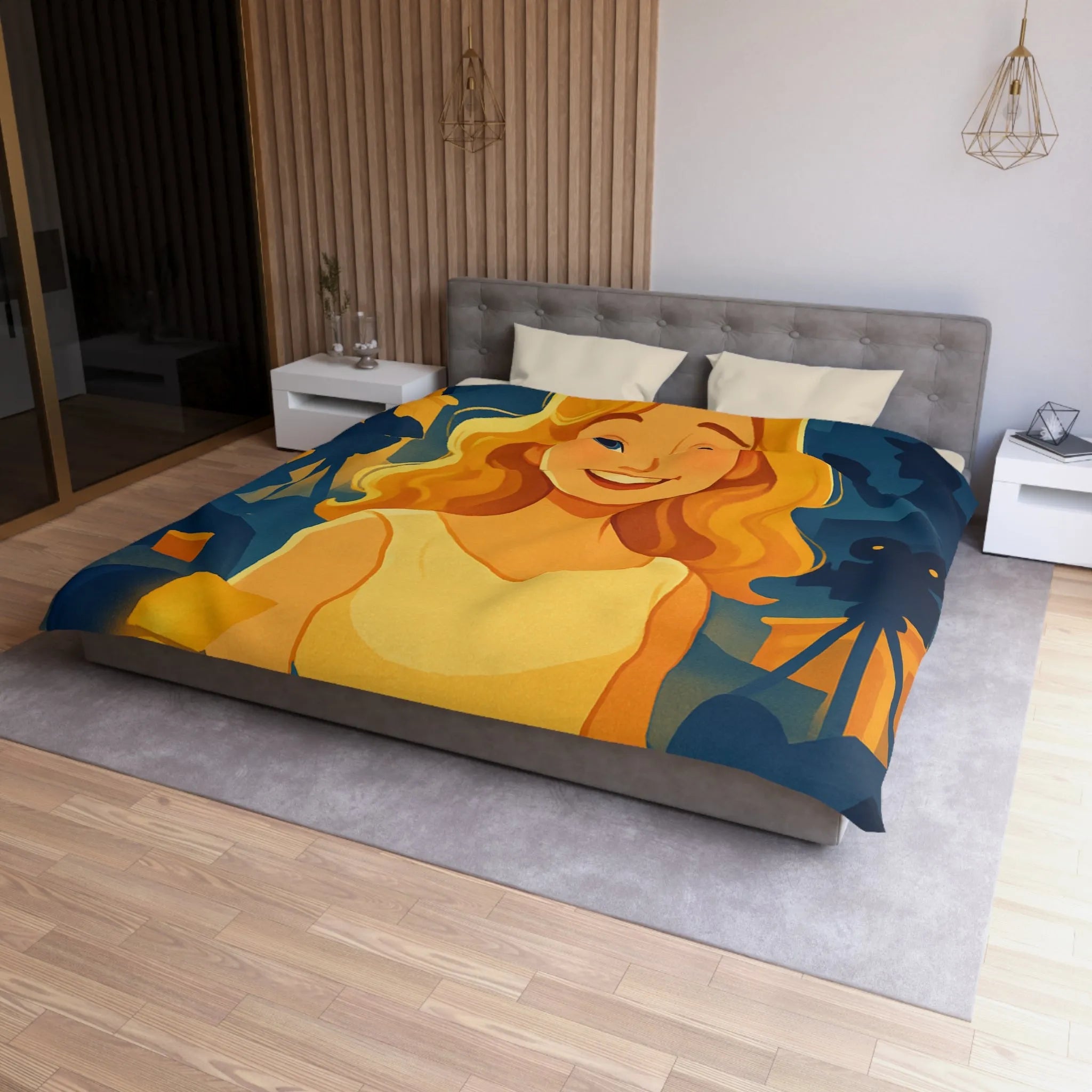 Housse de couette avec scène de tournage glamour et personnages stylisés illuminés