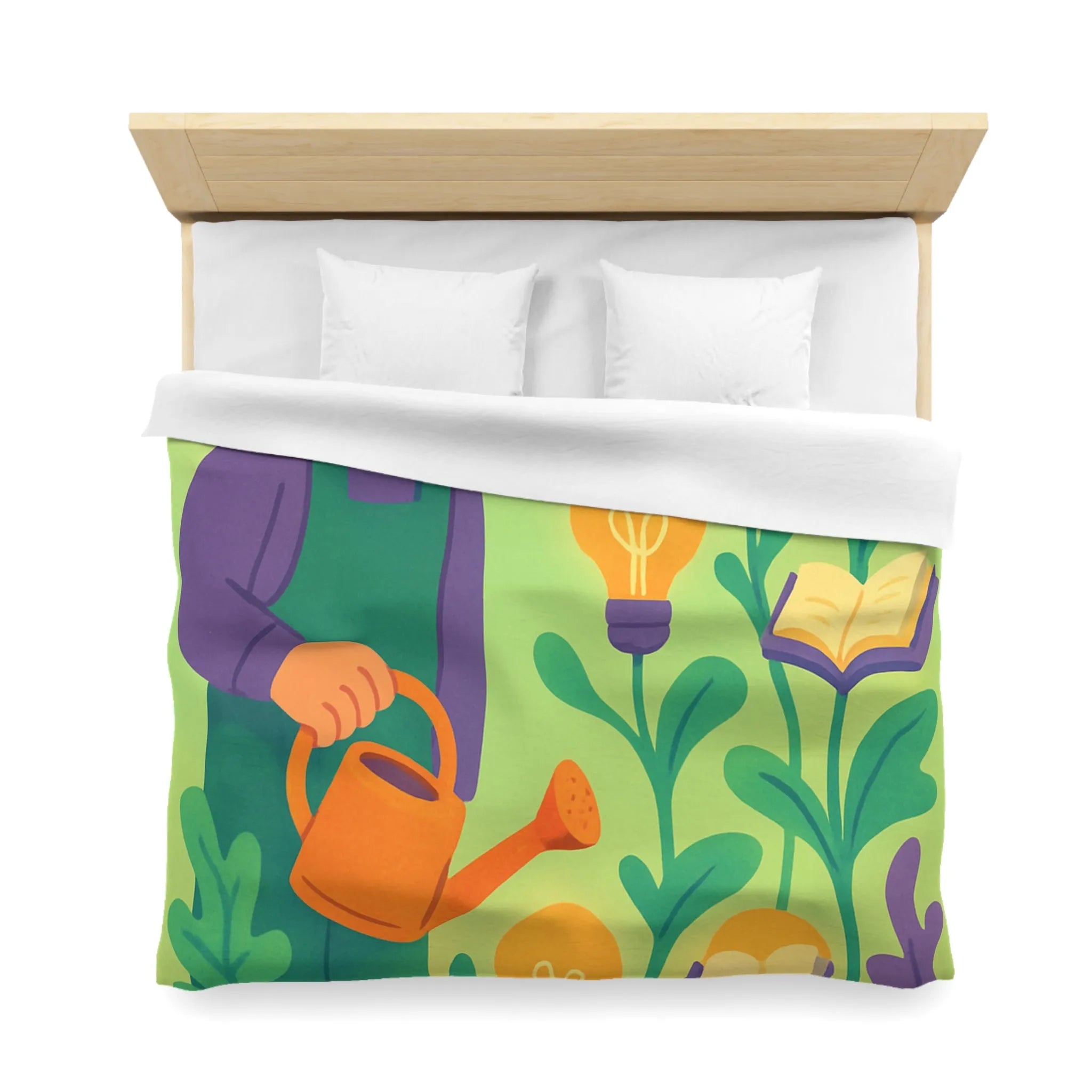 Housse de couette colorée avec jardinier arrosant plantes livres et ampoules