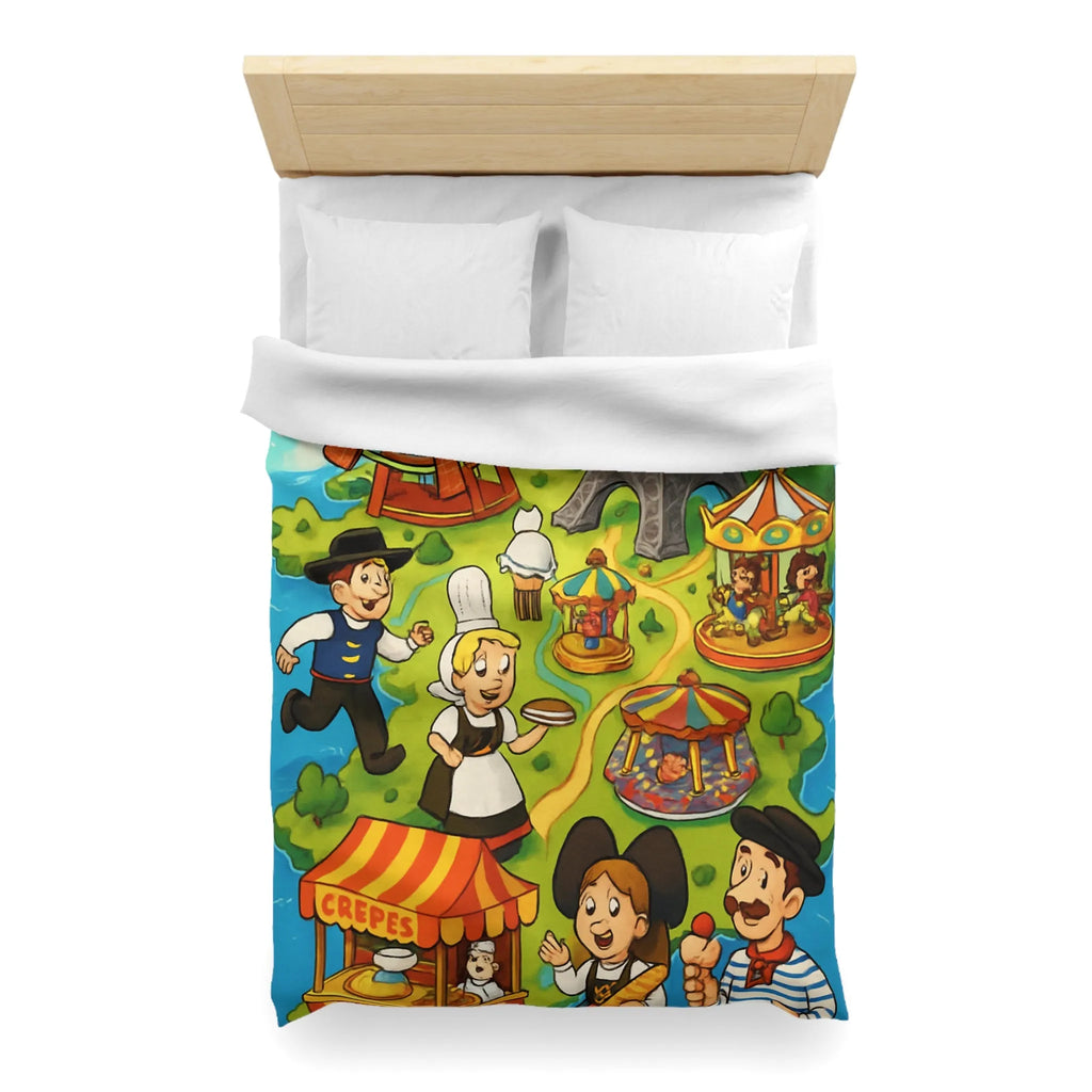 Housse de couette illustrant l'amusement et la culture française dans un parc coloré