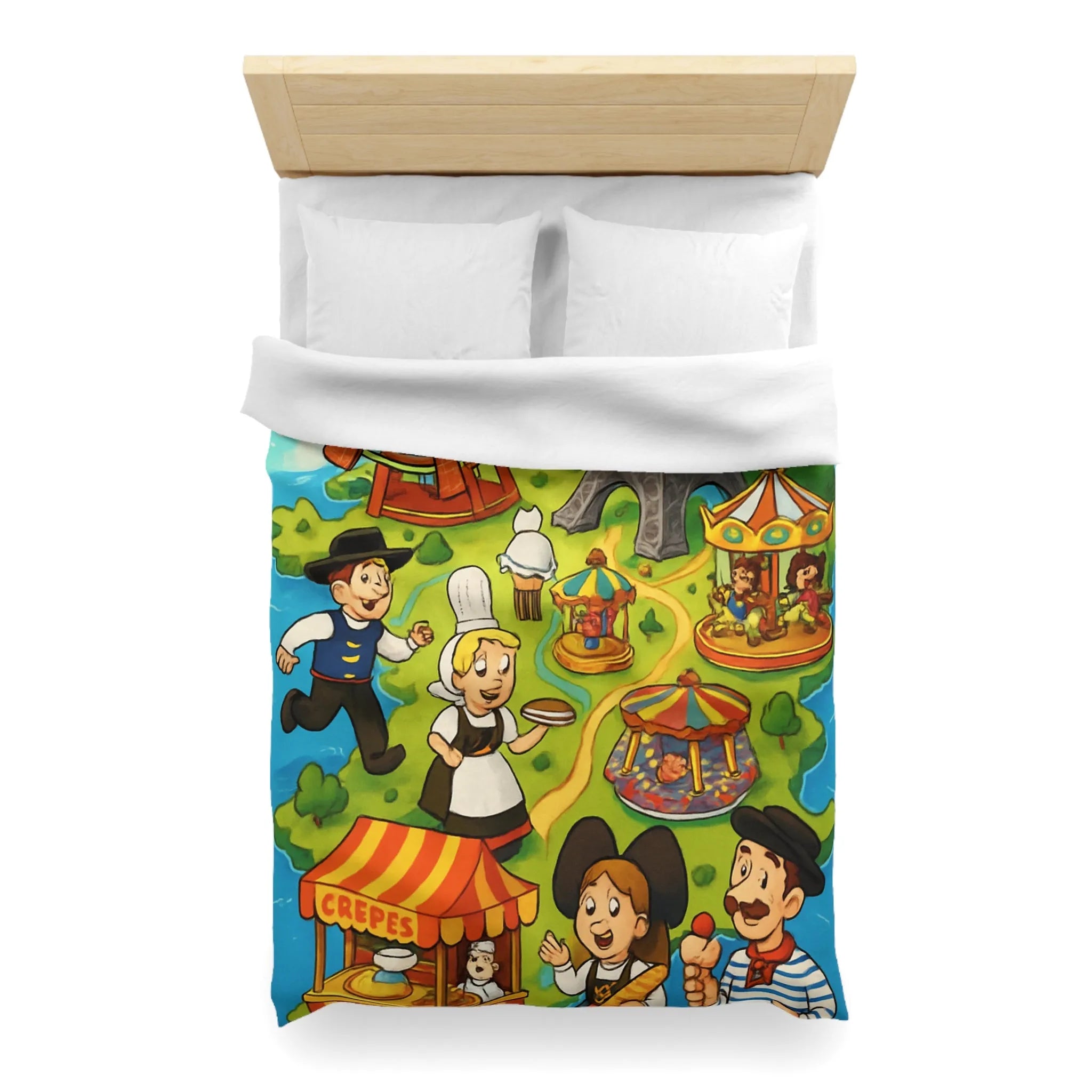 Housse de couette illustrant l'amusement et la culture française dans un parc coloré