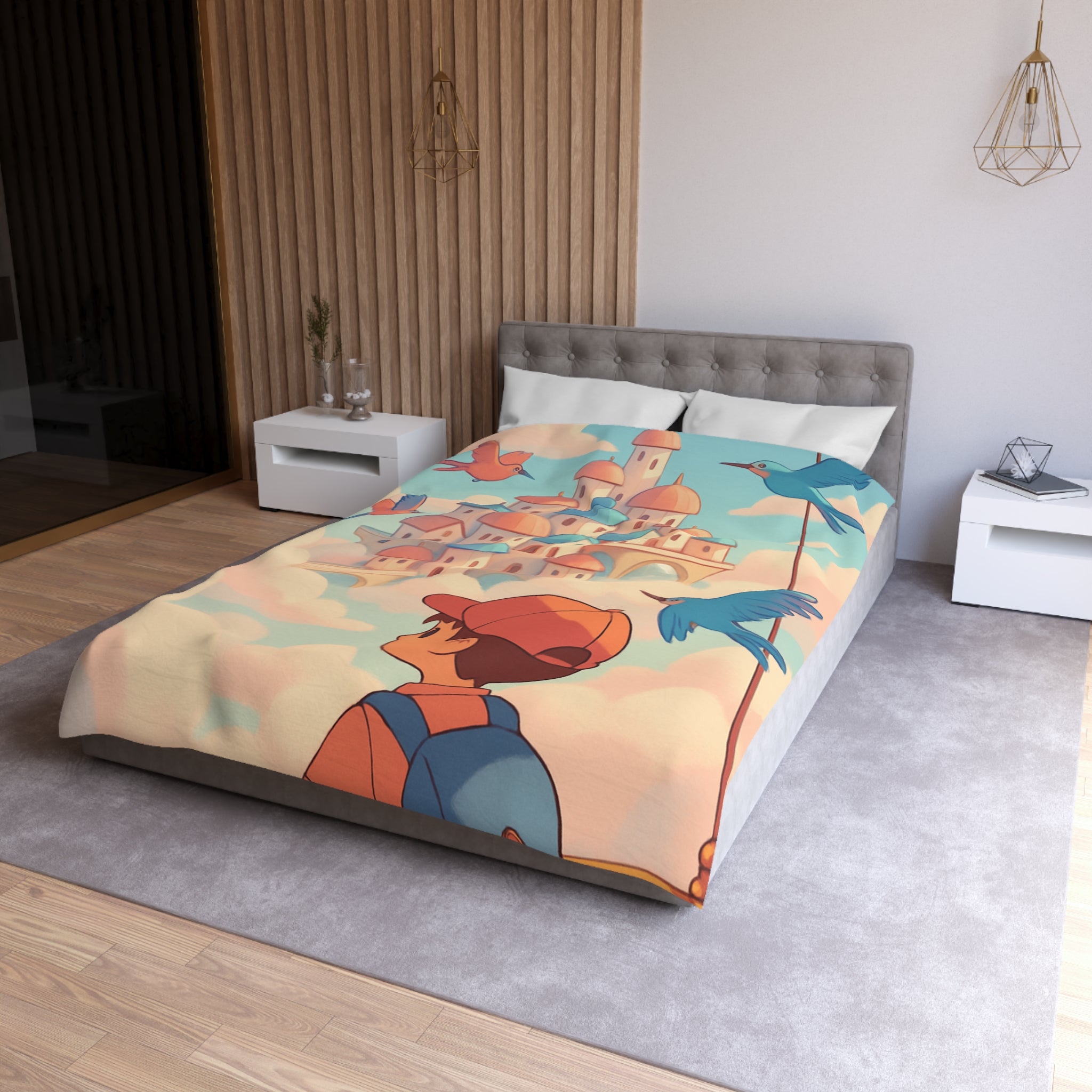 Housse de couette rêveuse avec enfant explorant un château céleste parmi les nuages