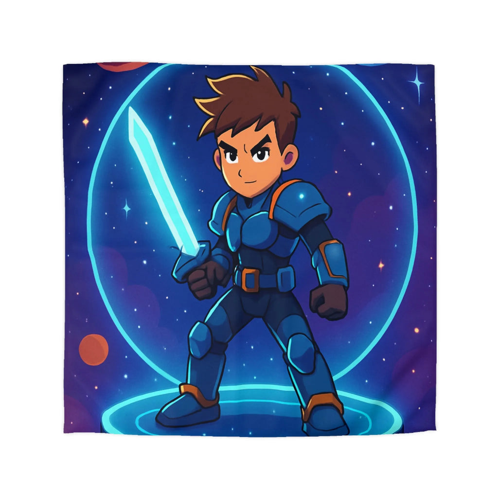 Ensemble galactique animé avec jeune héros et épée lumineuse sur fond cosmique vibrant