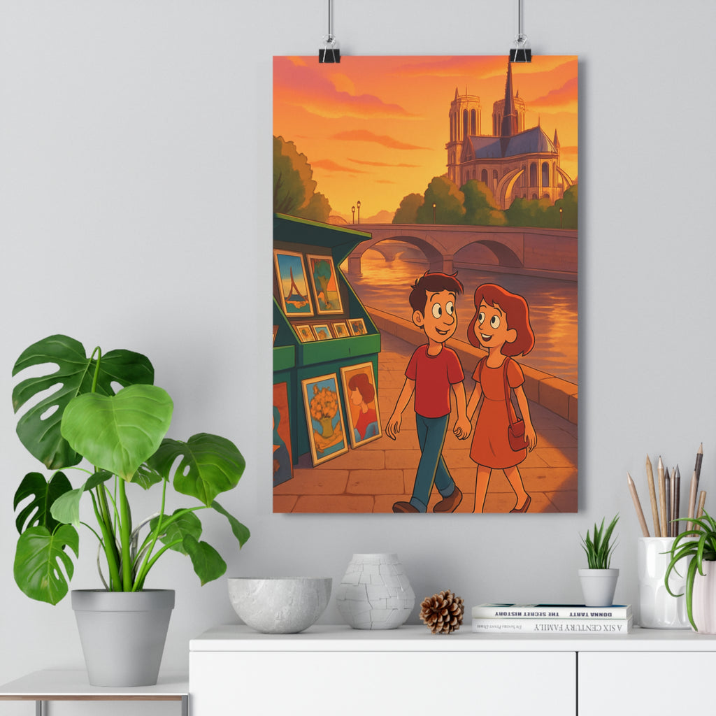 Poster décoratif romantique paris coucher soleil seine chaleureux salon chambre artistique ambiance pittoresque qualité