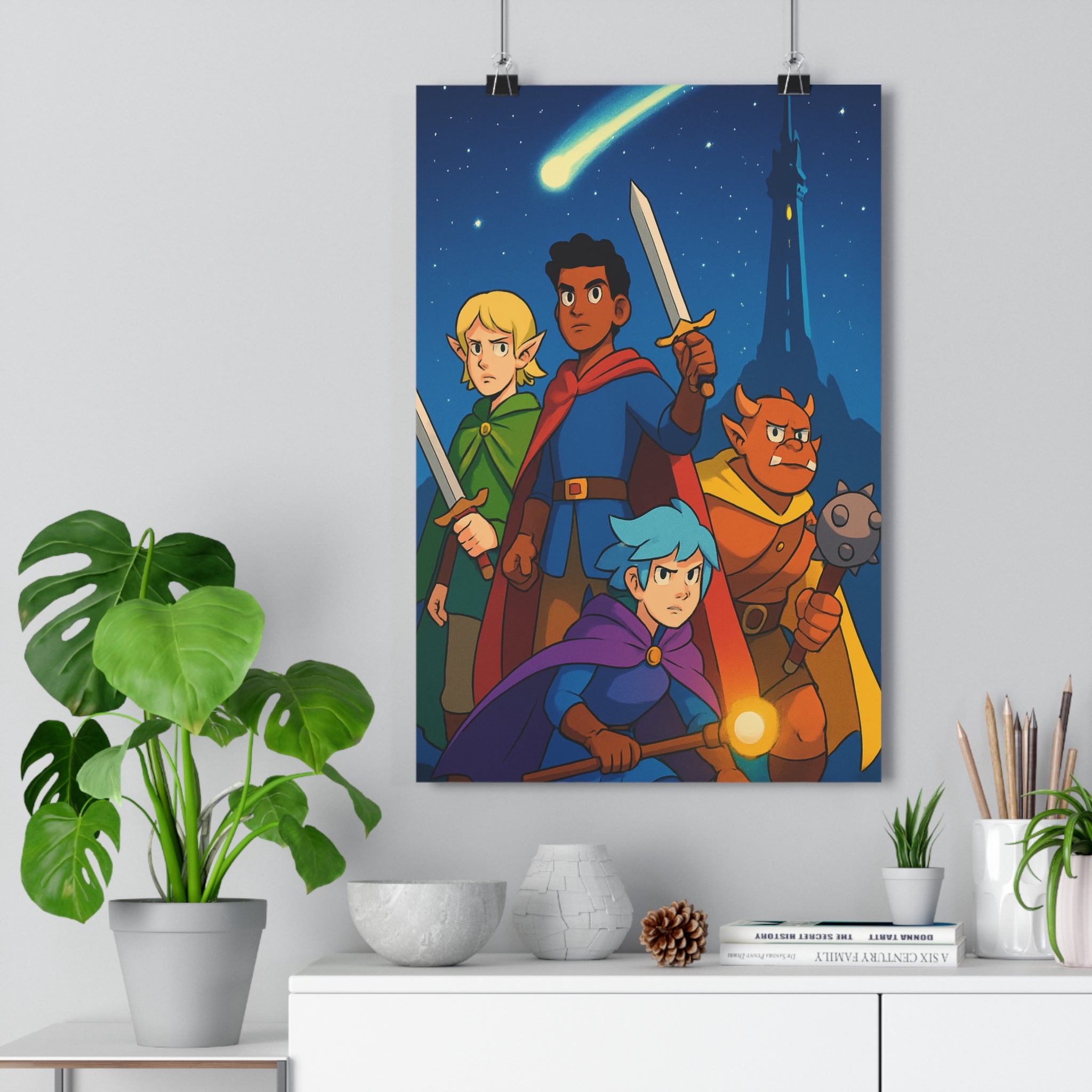 Poster décoratif anime vert bleu mystique aventure fantastique chambre salon magique étoiles tour élfe