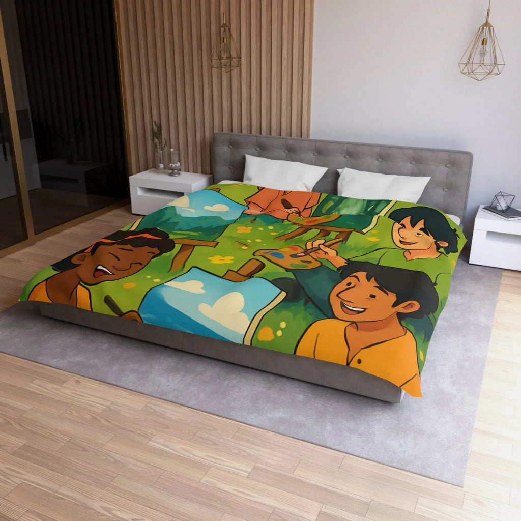 Housse de couette décorative avec enfants peignant dans champ fleuri en plein air