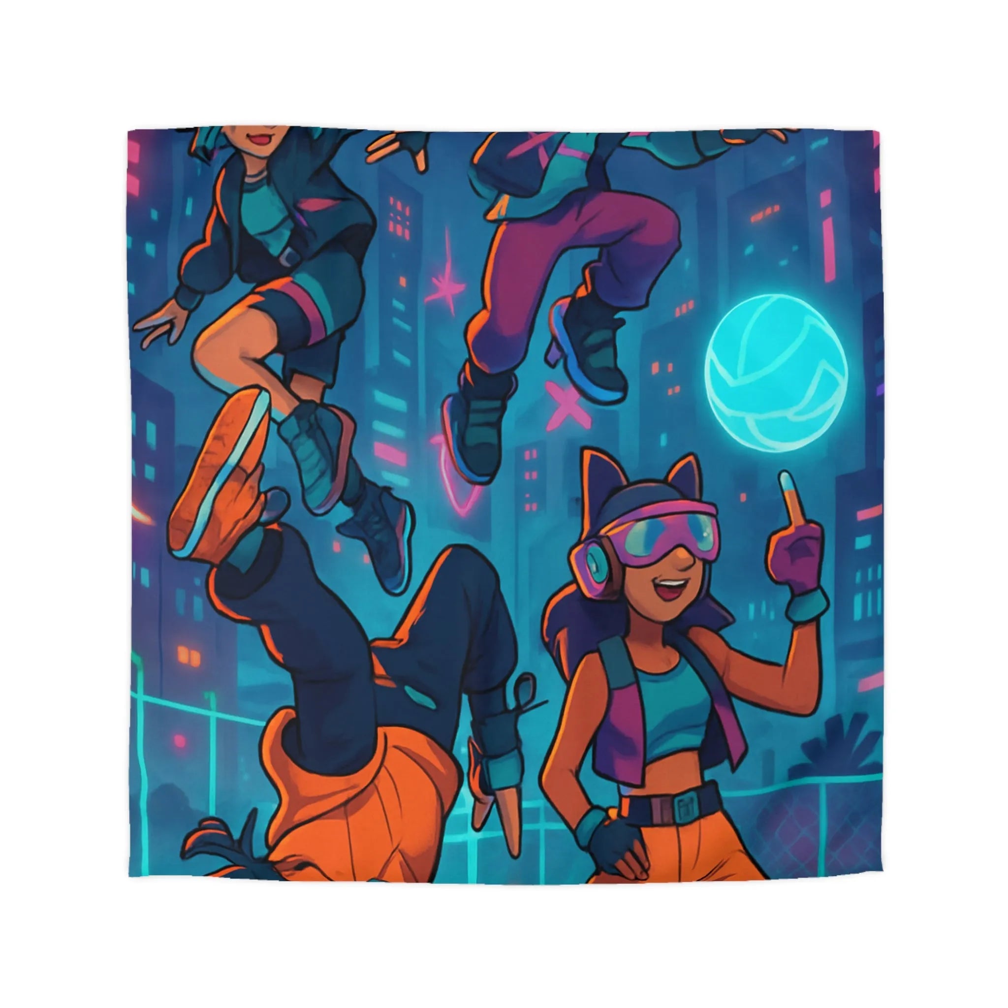 Housse de couette colorée avec personnages futuristes dans un décor urbain néon dynamique