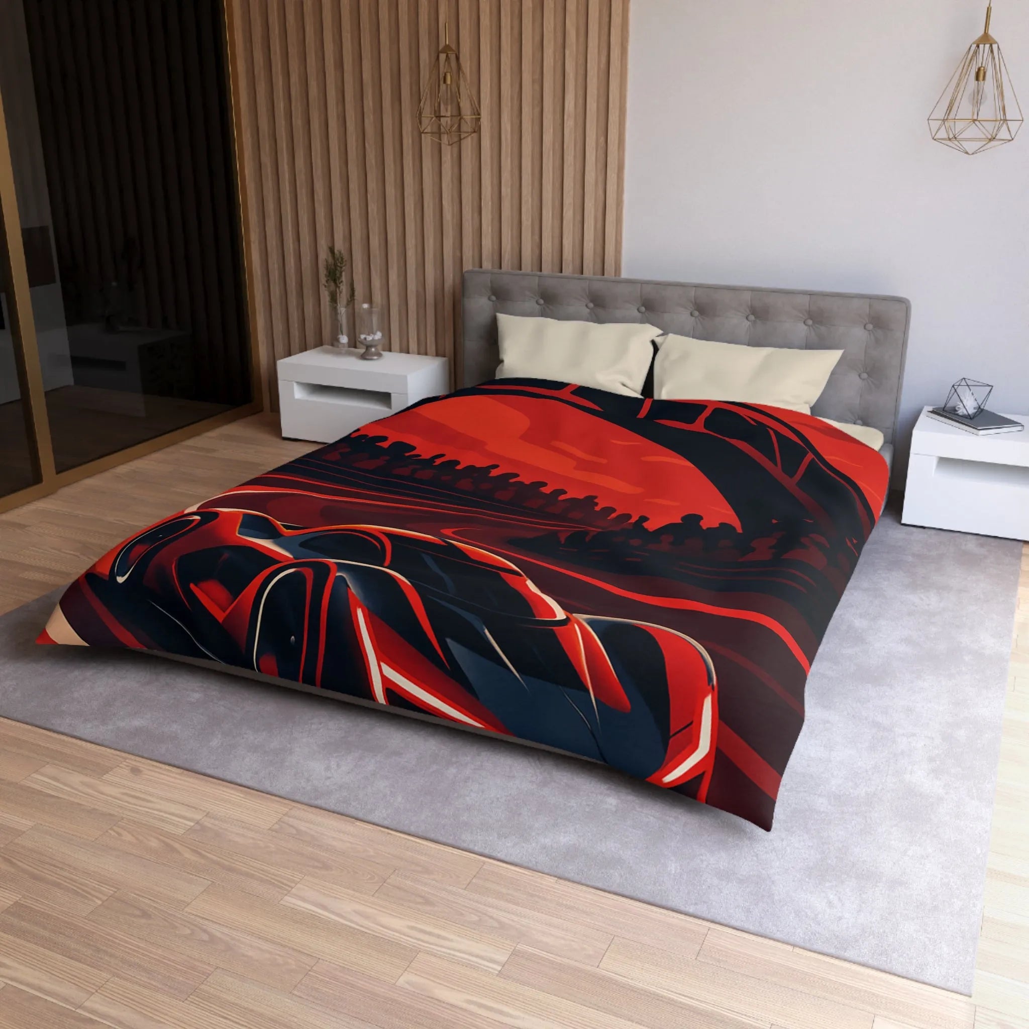 Housse de couette avec design de voiture de course rouge moderne sur circuit sinueux