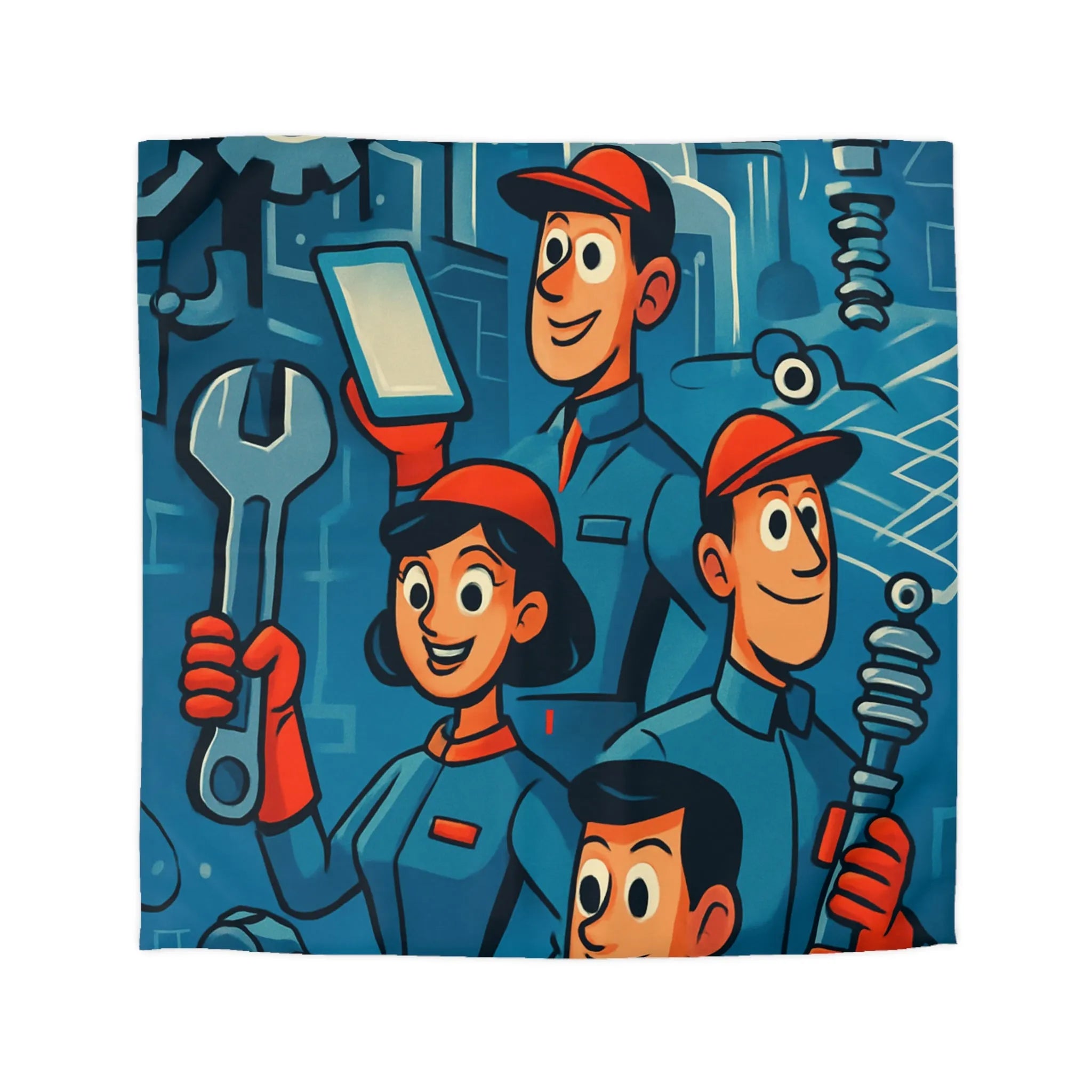 Housse de Couette Industrielle avec Équipe de Travail Souriante dans Tonalités Bleues et Rouges