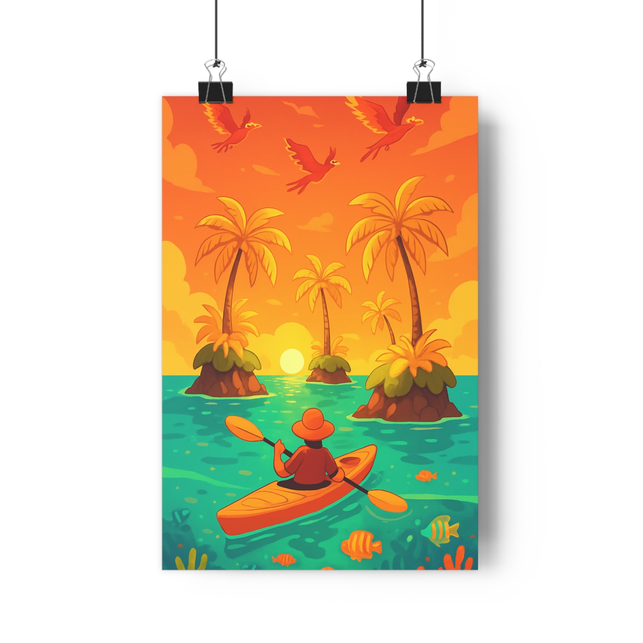 Poster décoratif tropical cartoon coloré vibrant joyeux salon chambre aventure nature mer kayak déco