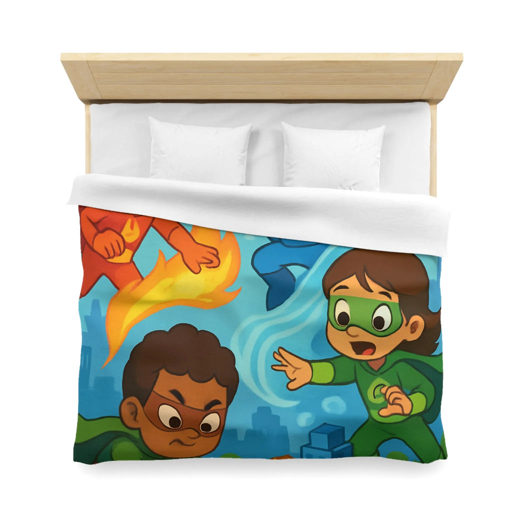 Housse de couette enfant avec super-héros colorés en action dans une ville imaginaire