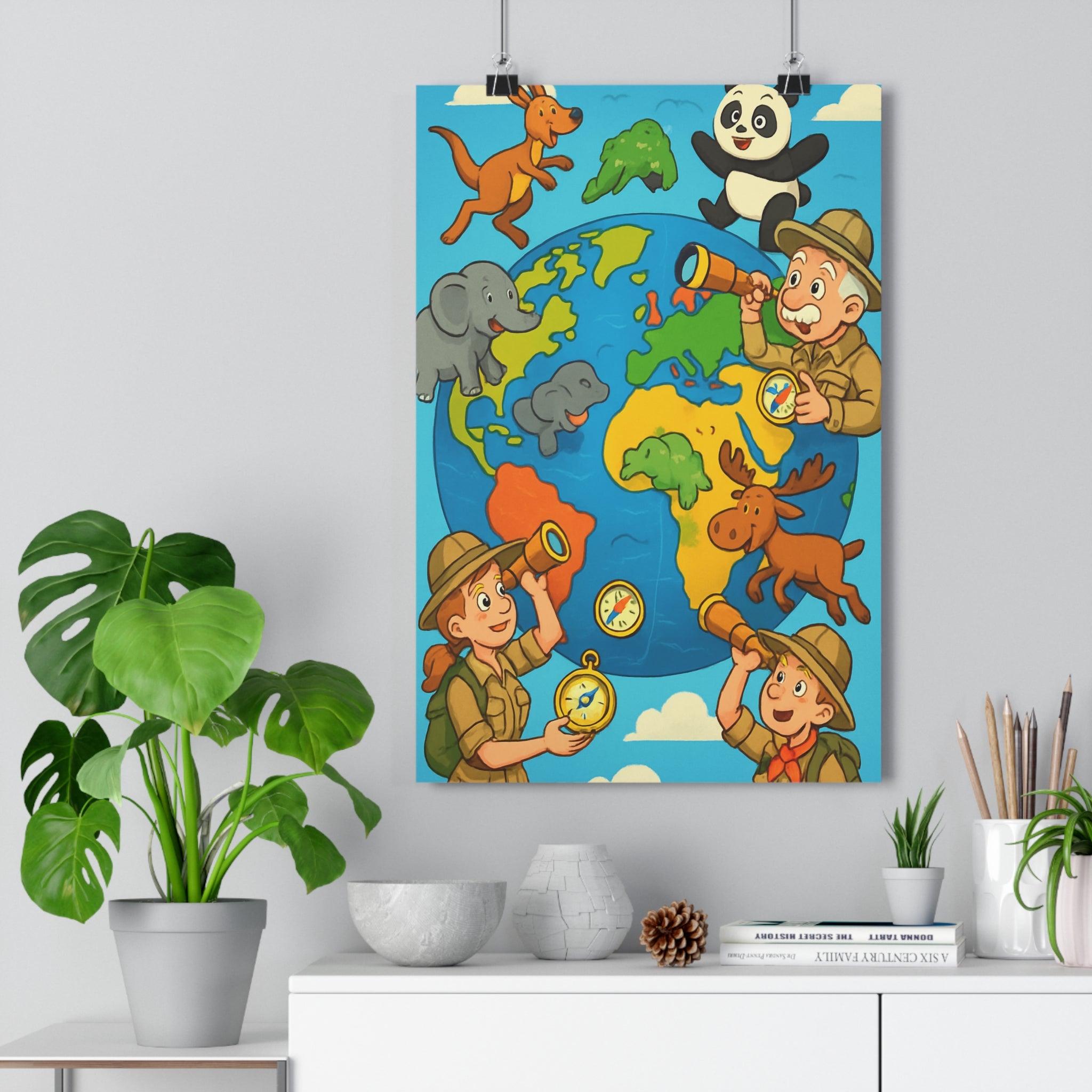 Poster décoratif coloré carte monde aventure animaux cartoon chambre enfant joyeux dessin explorateur panda