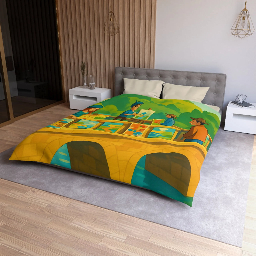 Housse de couette colorée thème pont artistique avec moulins à vent et paysage