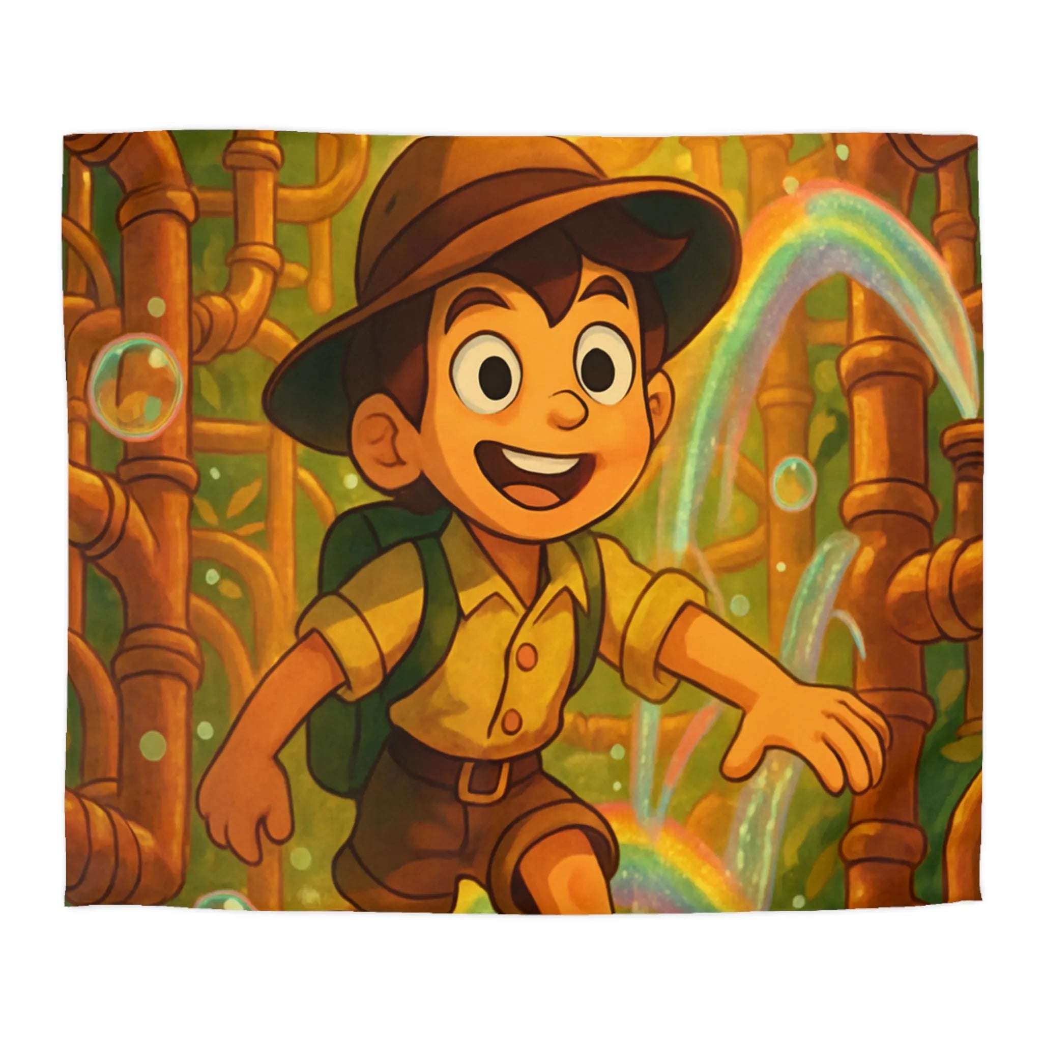 Housse de couette enfantine : garçon explorateur, tuyaux dorés, arcs-en-ciel et bulles joyeuses