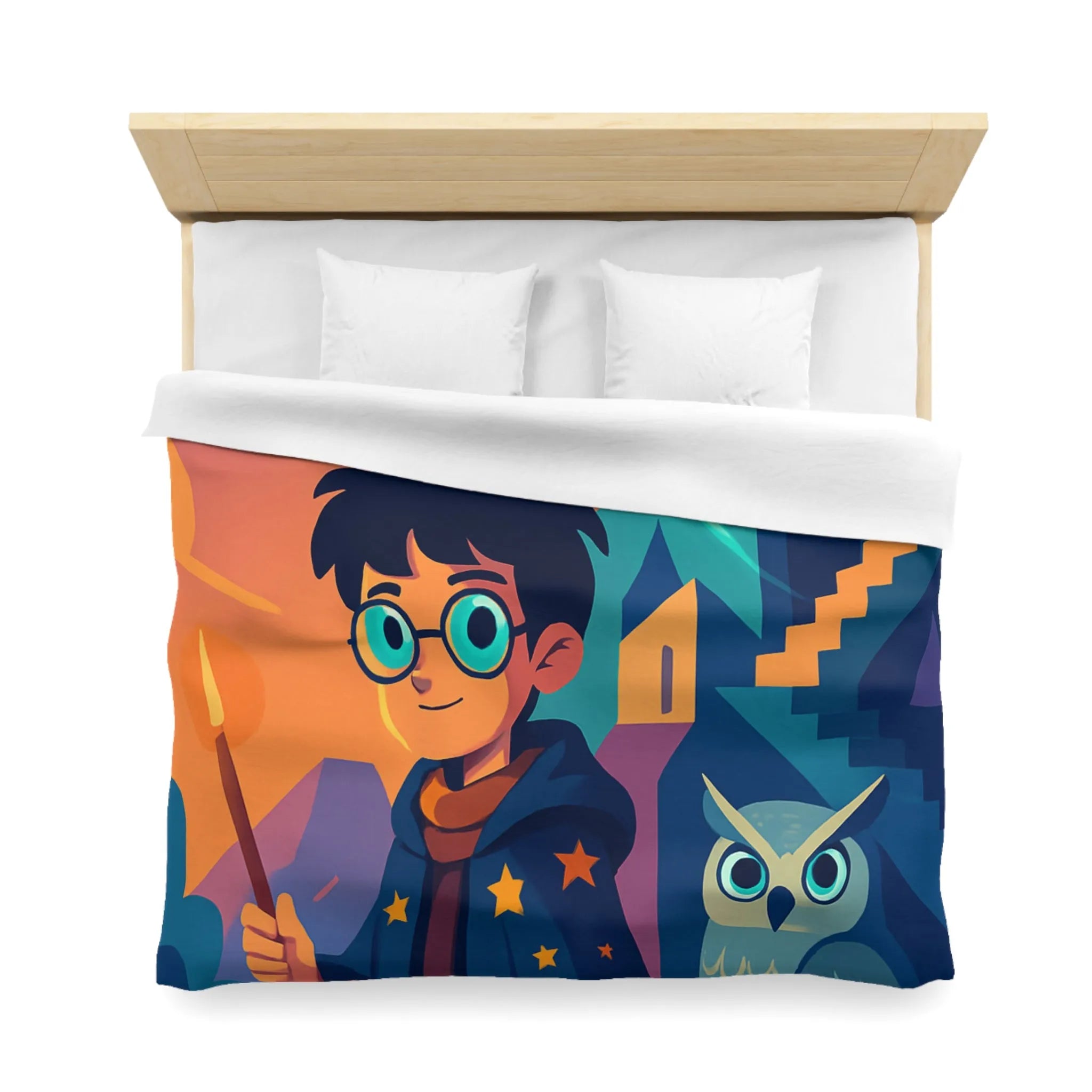 Housse de couette magique avec motif de garçon sorcier et hibou lumineux