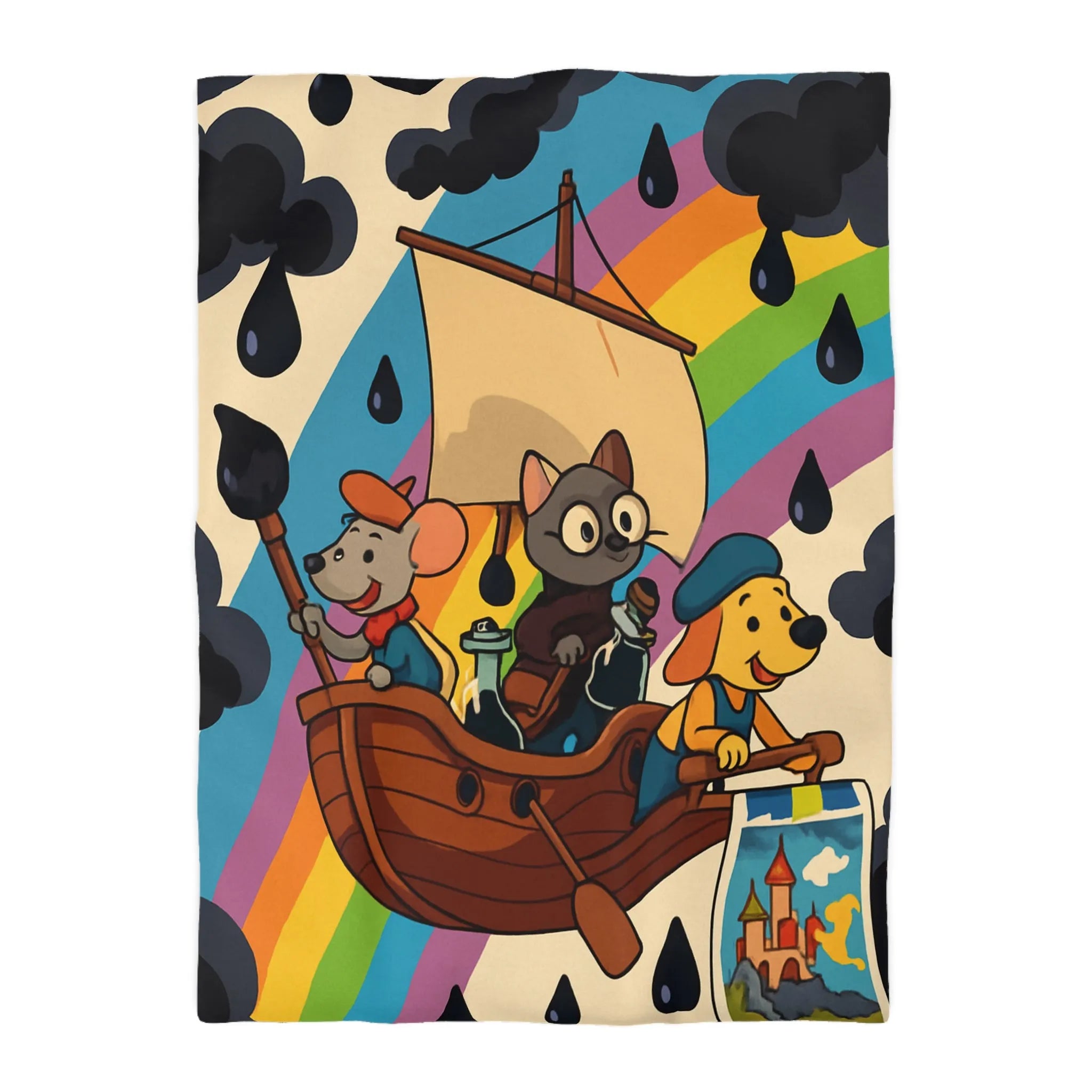 Housse de couette enfant avec animaux navigateurs sur arc-en-ciel et bateau enchanteur