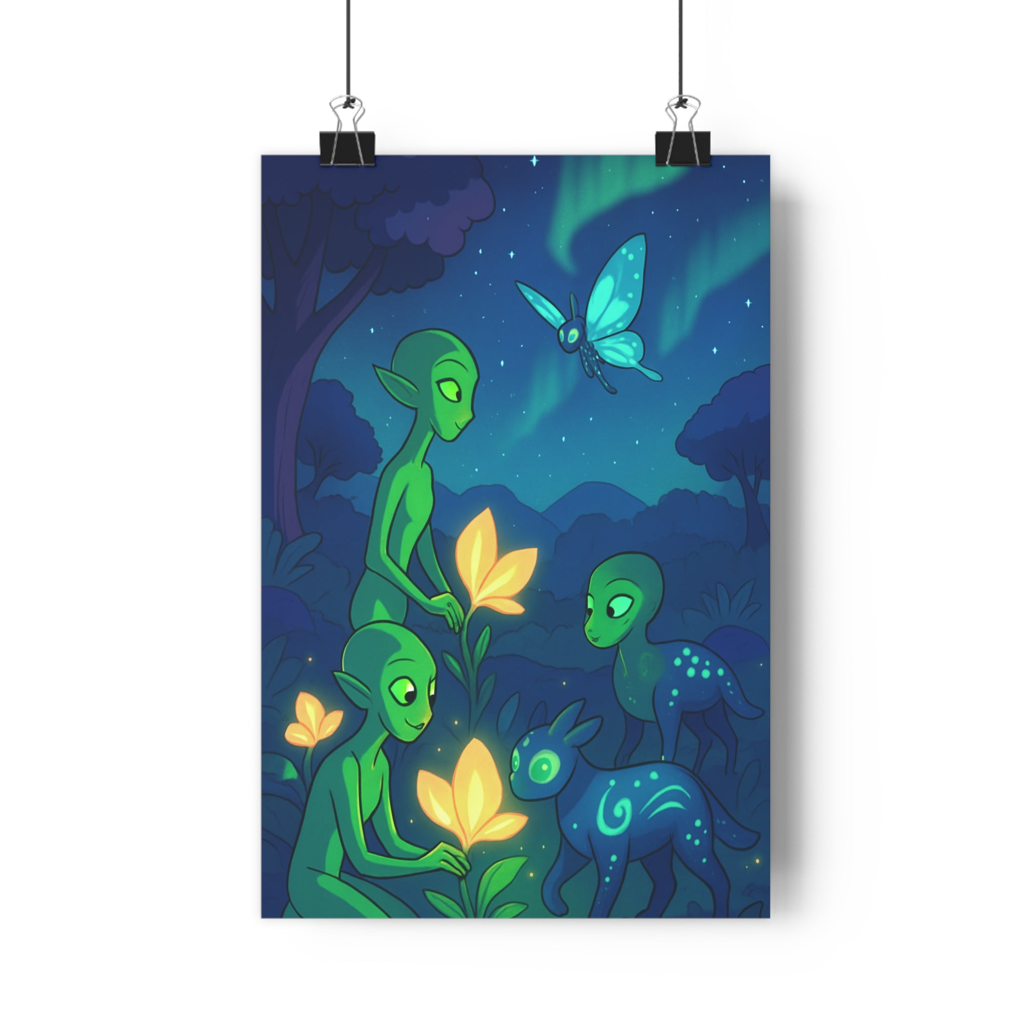 Poster décoratif fantastique scène nocturne vert bleu anime féerique forêt magique ambiance chambre 30x46