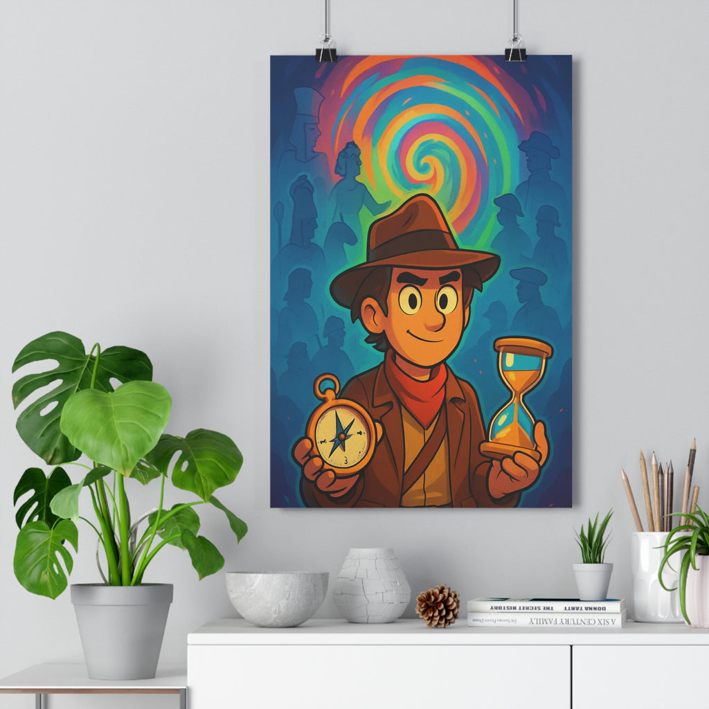 Poster décoratif aventure voyageur temporel sablier boussole bleu orange vert mystique chambre salon bureau