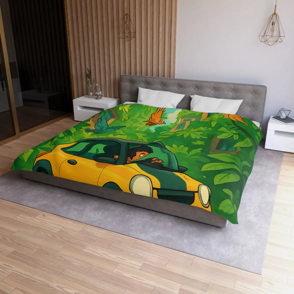 Housse de couette colorée avec voiture jaune et jungle luxuriante pour enfants aventureux