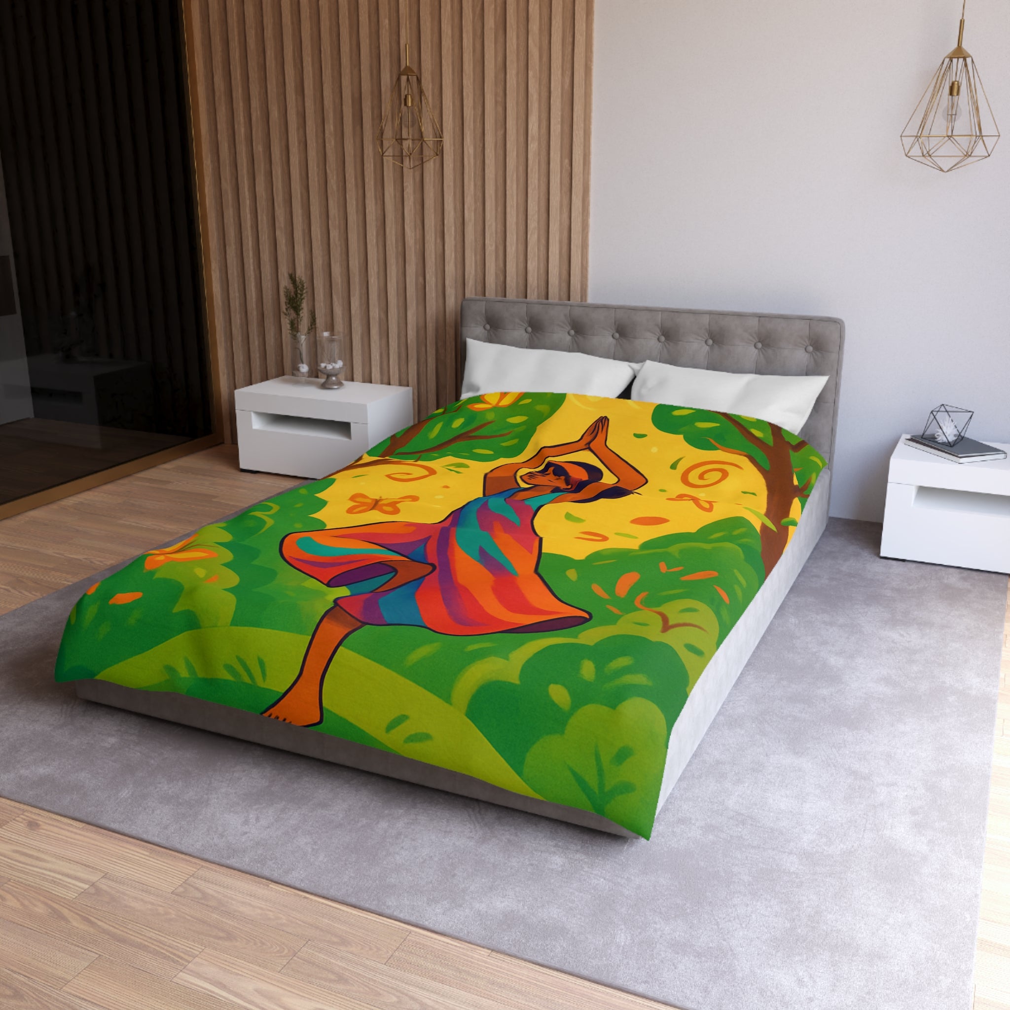 Housse de couette avec illustration apaisante d'une jeune femme méditant en nature
