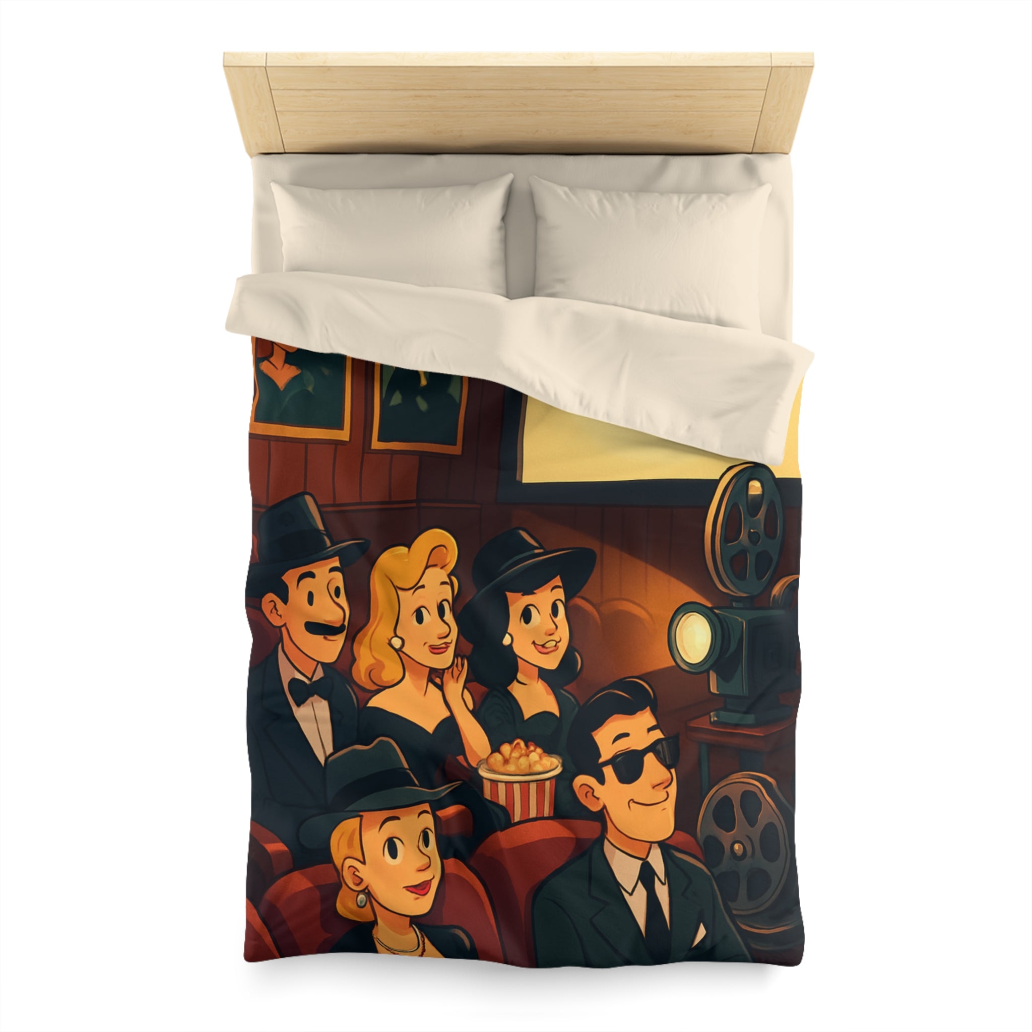 Housse de Couette Rétro Cinéma avec Scène de Spectateurs Élégants et Projecteur