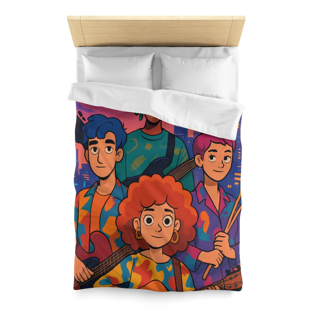 Housse de couette colorée avec groupe de musiciens devant un paysage urbain nocturne