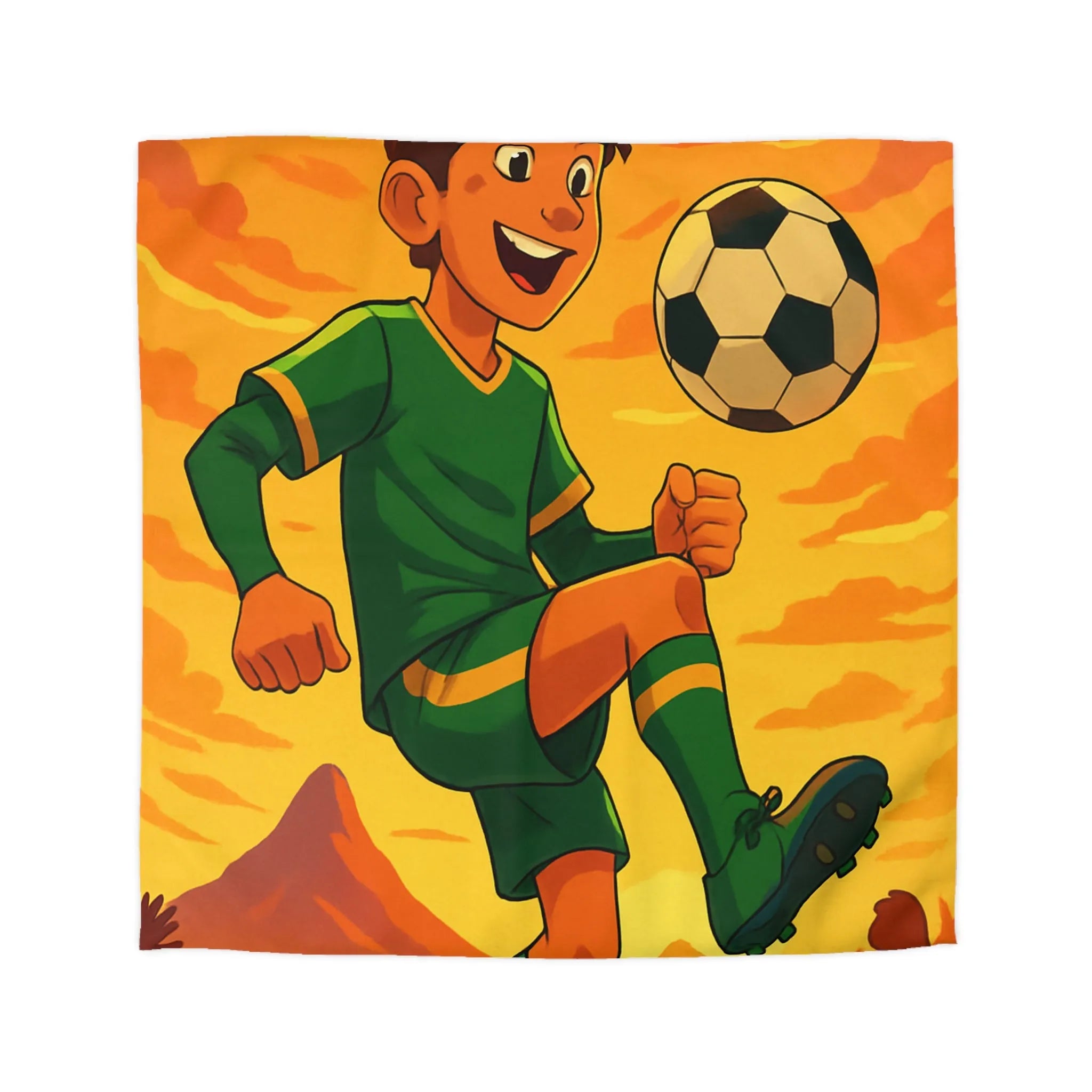 Housse de Couette avec Enfant Jouant au Football au Coucher du Soleil Montagneux