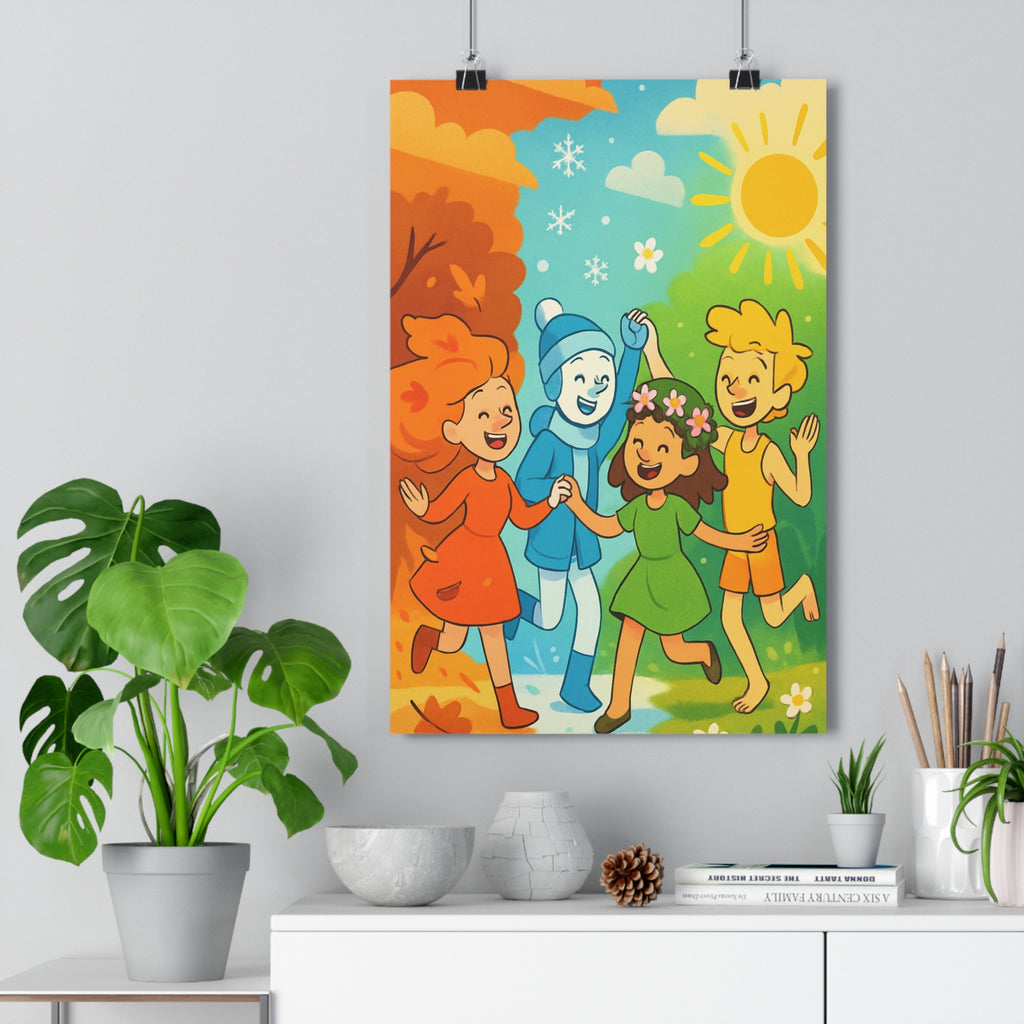Poster décoratif cartoon magique enfants saison joyeux couleurs orange bleu vert jaune chambre qualité