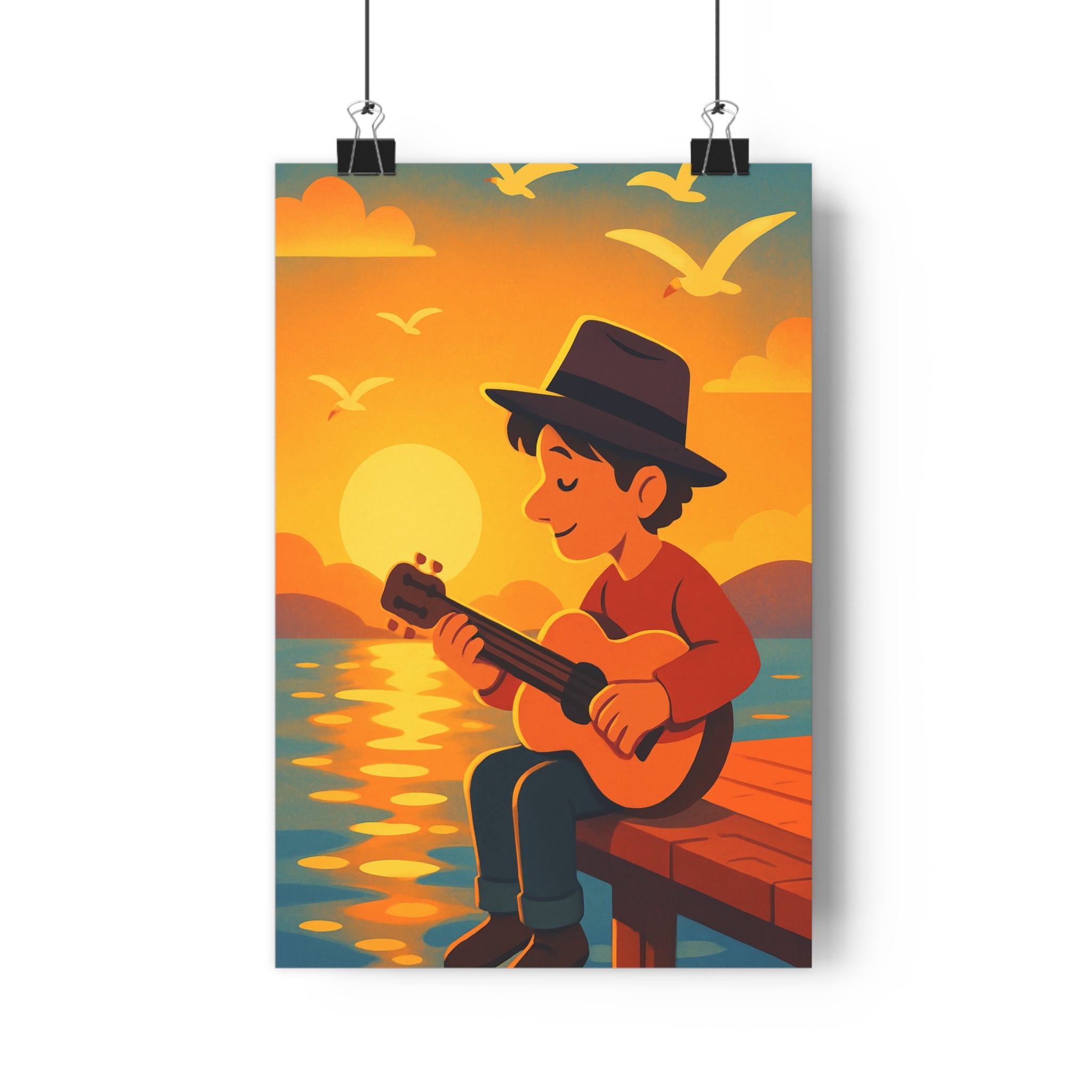 Poster décoratif artistique jeune musicien coucher de soleil pastel anime paisible salon moderne ambiance