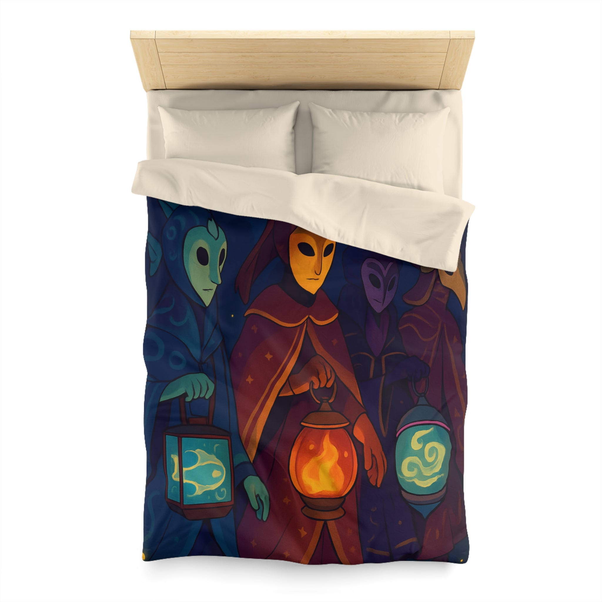 Housse de couette mystérieuse avec personnages masqués et lanternes en forêt étoilée