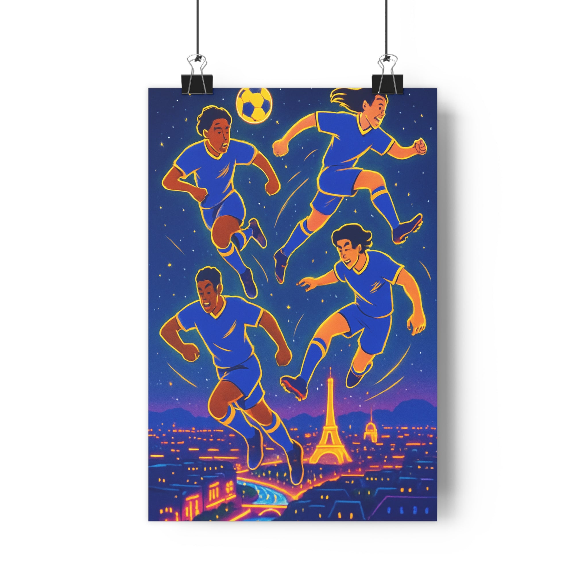 Poster décoratif cartoon lumineux dynamique football Paris bleu nocturne magique chambre art tendance qualité