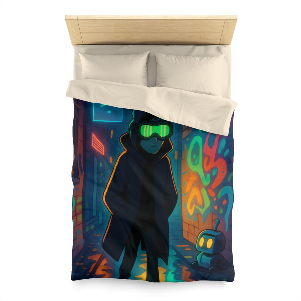 Housse de couette néon, ruelle urbaine cyberpunk avec technologie futuriste et graffitis colorés