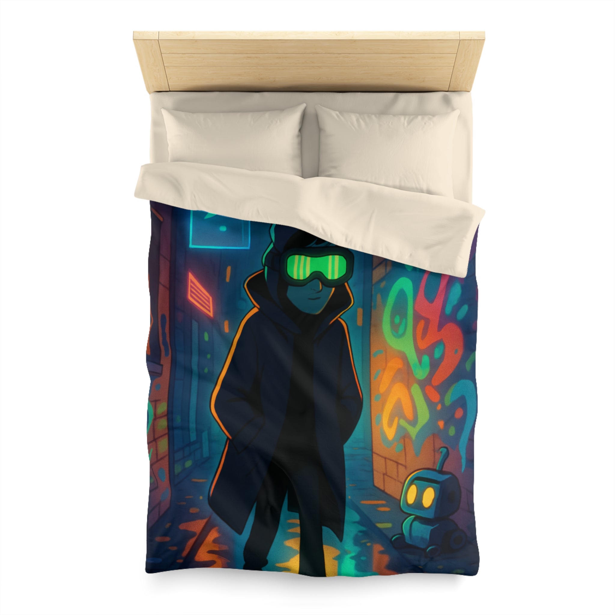 Housse de couette néon, ruelle urbaine cyberpunk avec technologie futuriste et graffitis colorés