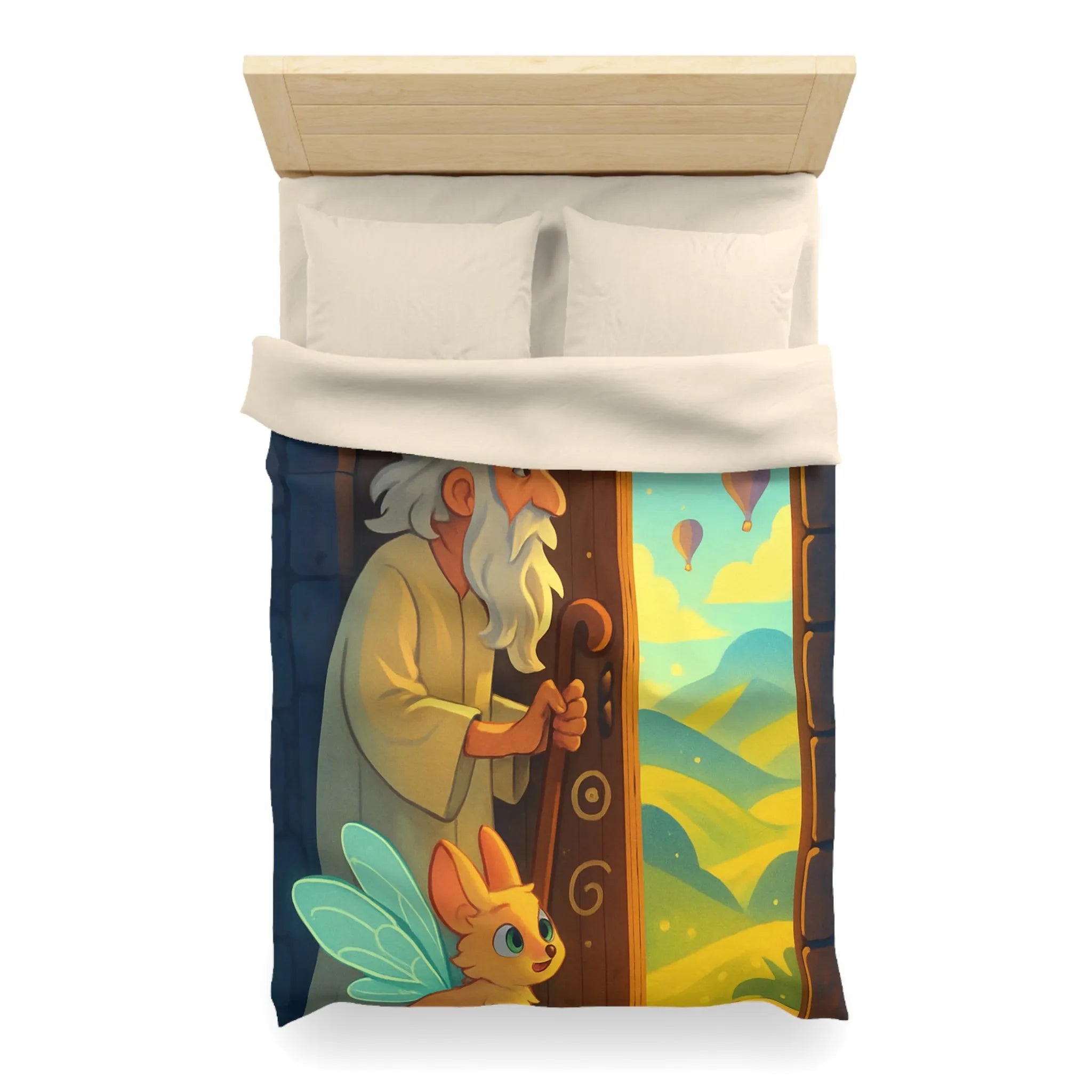 Housse de Couette Fantastique avec Ancien Sage et Paysage Magique Étoilé Soufflant