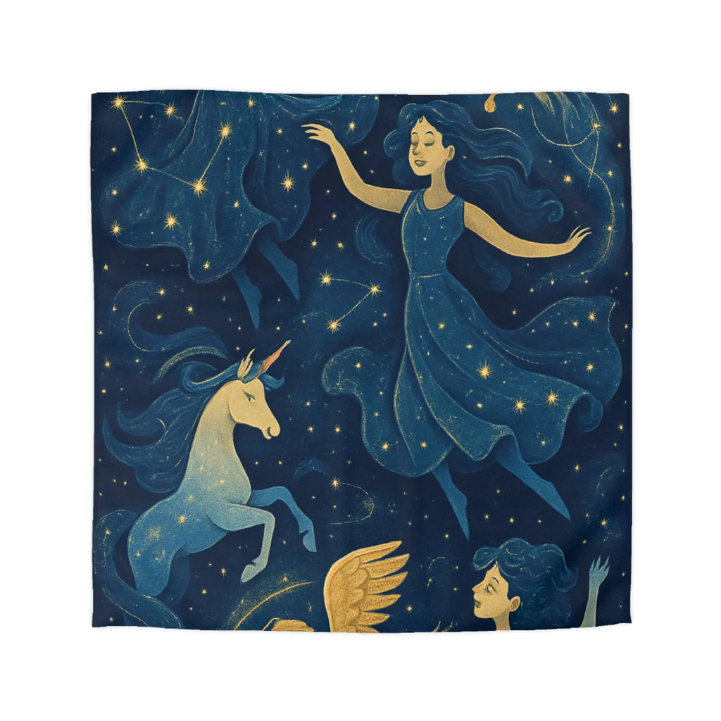 Housse de couette étoilée avec créatures mythiques et danseuses dans une palette bleue or
