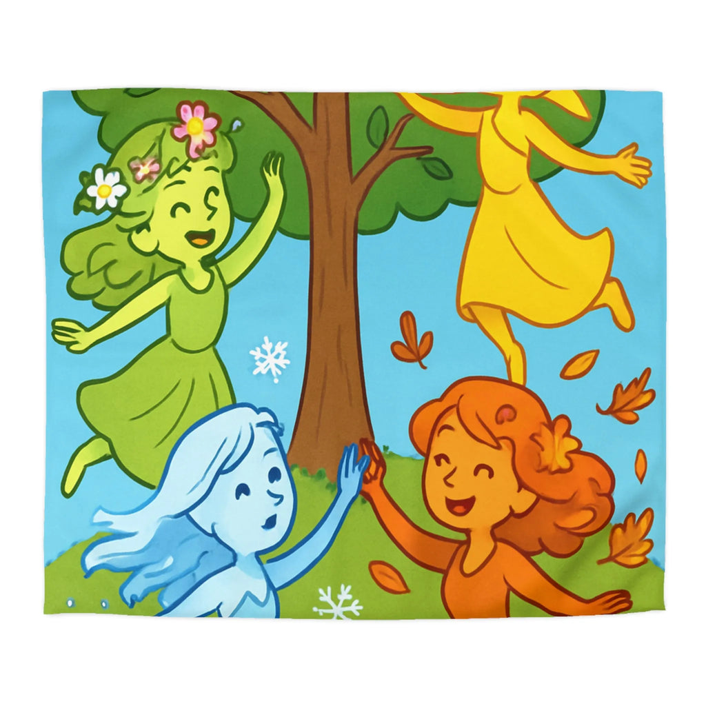 Housse de couette avec quatre saisons en couleurs vives et personnages joyeux