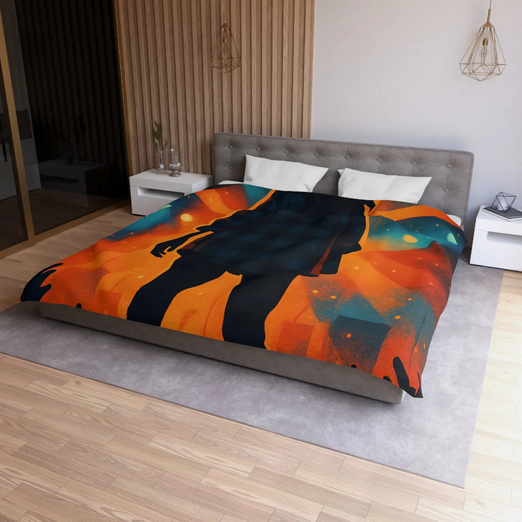 Housse de couette concert silhouette musicien rétro rayons de lumière colorés scène