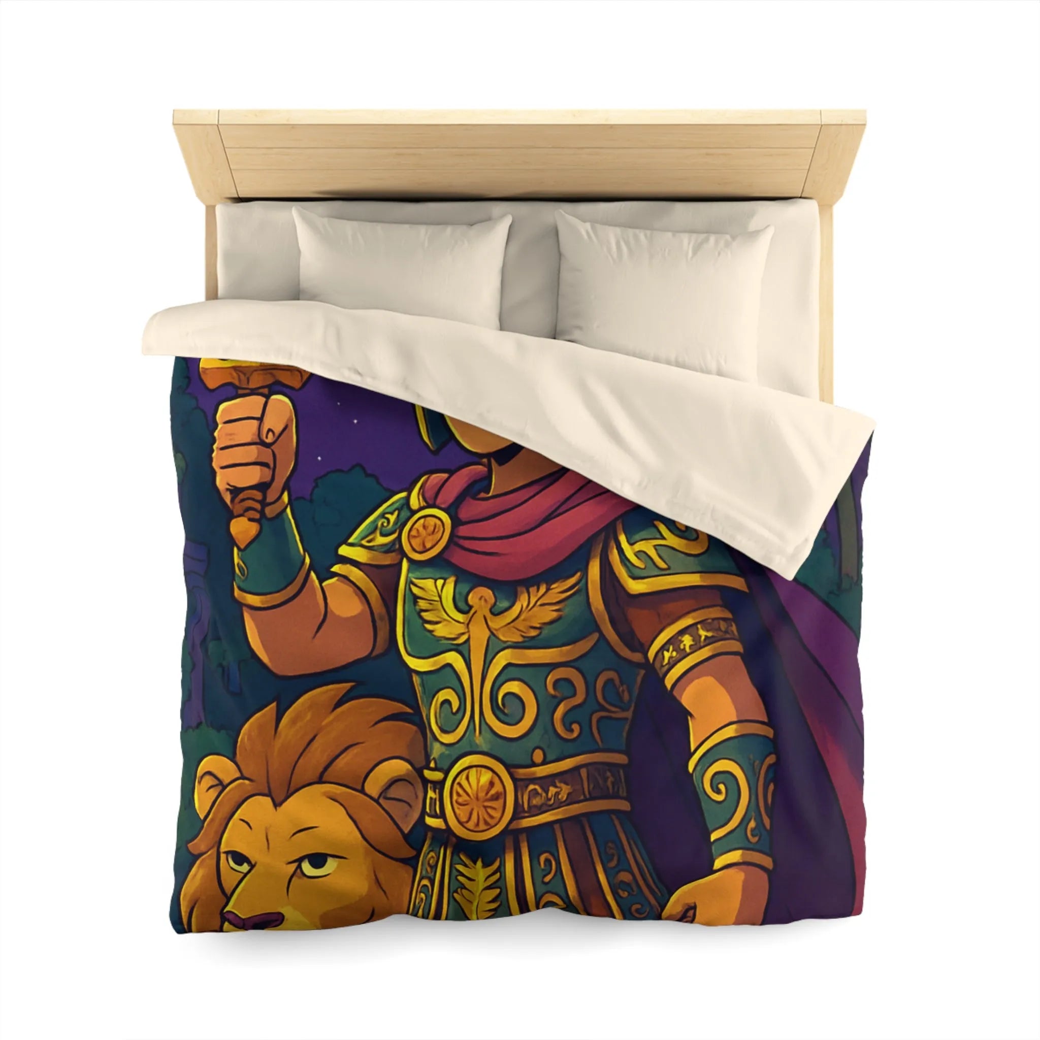 Housse de couette épique pour enfants avec un guerrier et un lion mythiques
