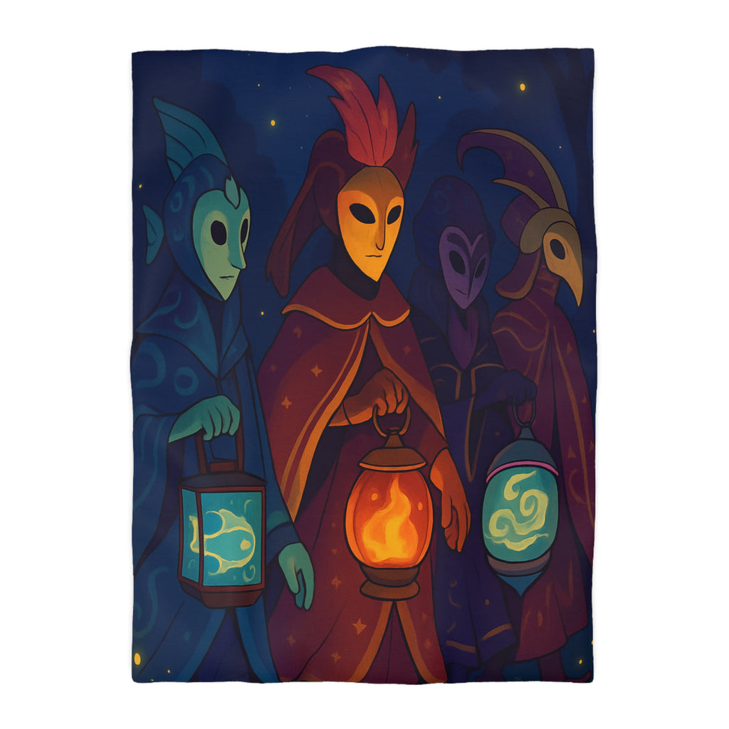 Housse de couette mystérieuse avec personnages masqués et lanternes en forêt étoilée