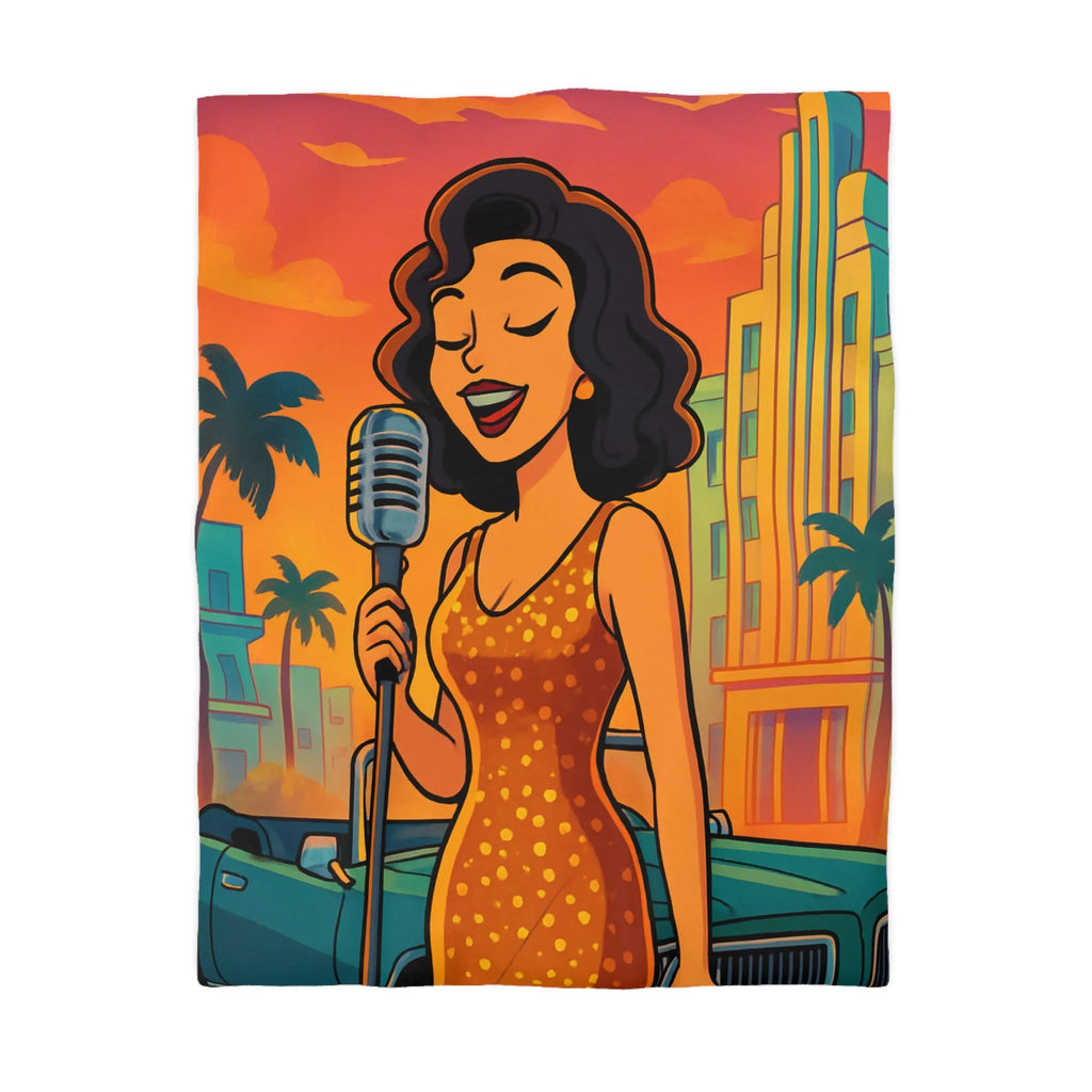 Housse de couette jazz rétro avec chanteuse, voiture vintage, coucher de soleil vibrant