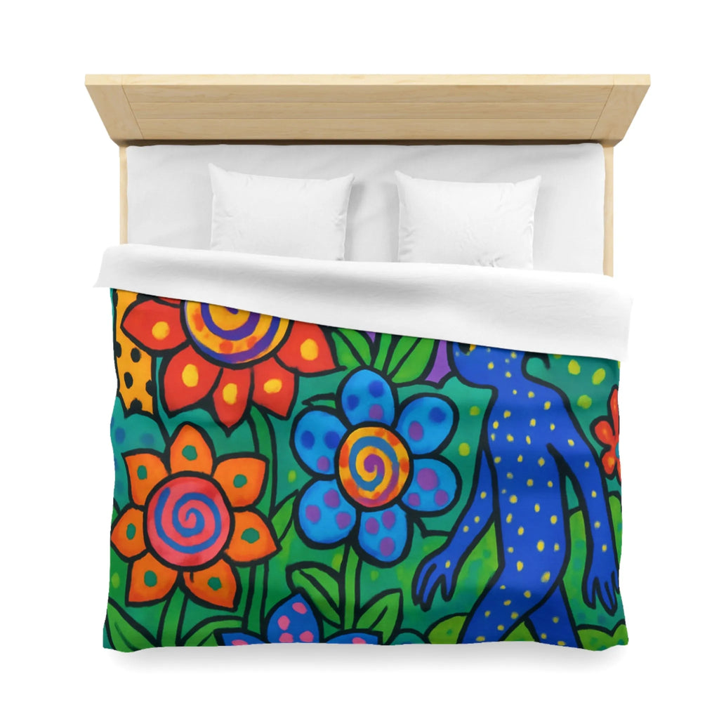 Housse de couette joyeuse avec motifs floraux et créature colorée en jungle vibrante