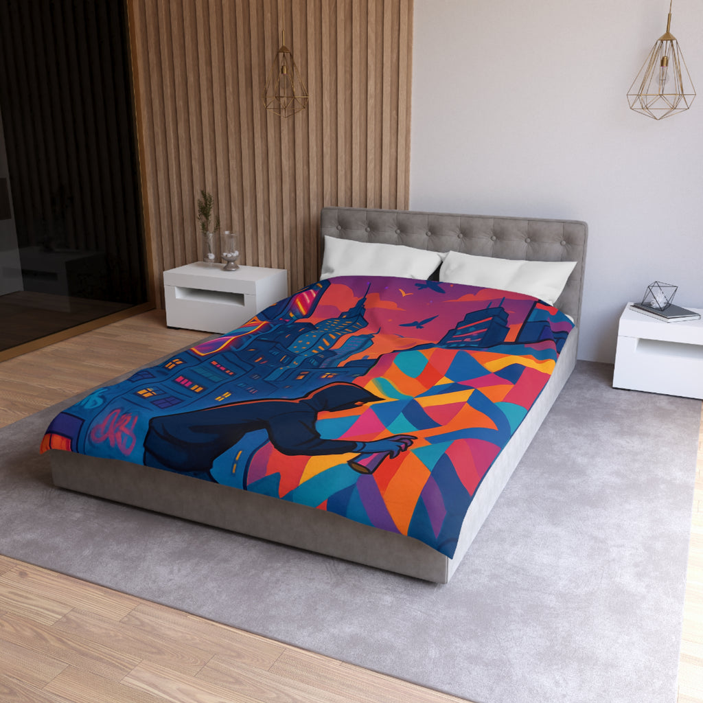 Housse de couette urbaine multicolore graffiti avec gratte-ciel et ciel crépusculaire